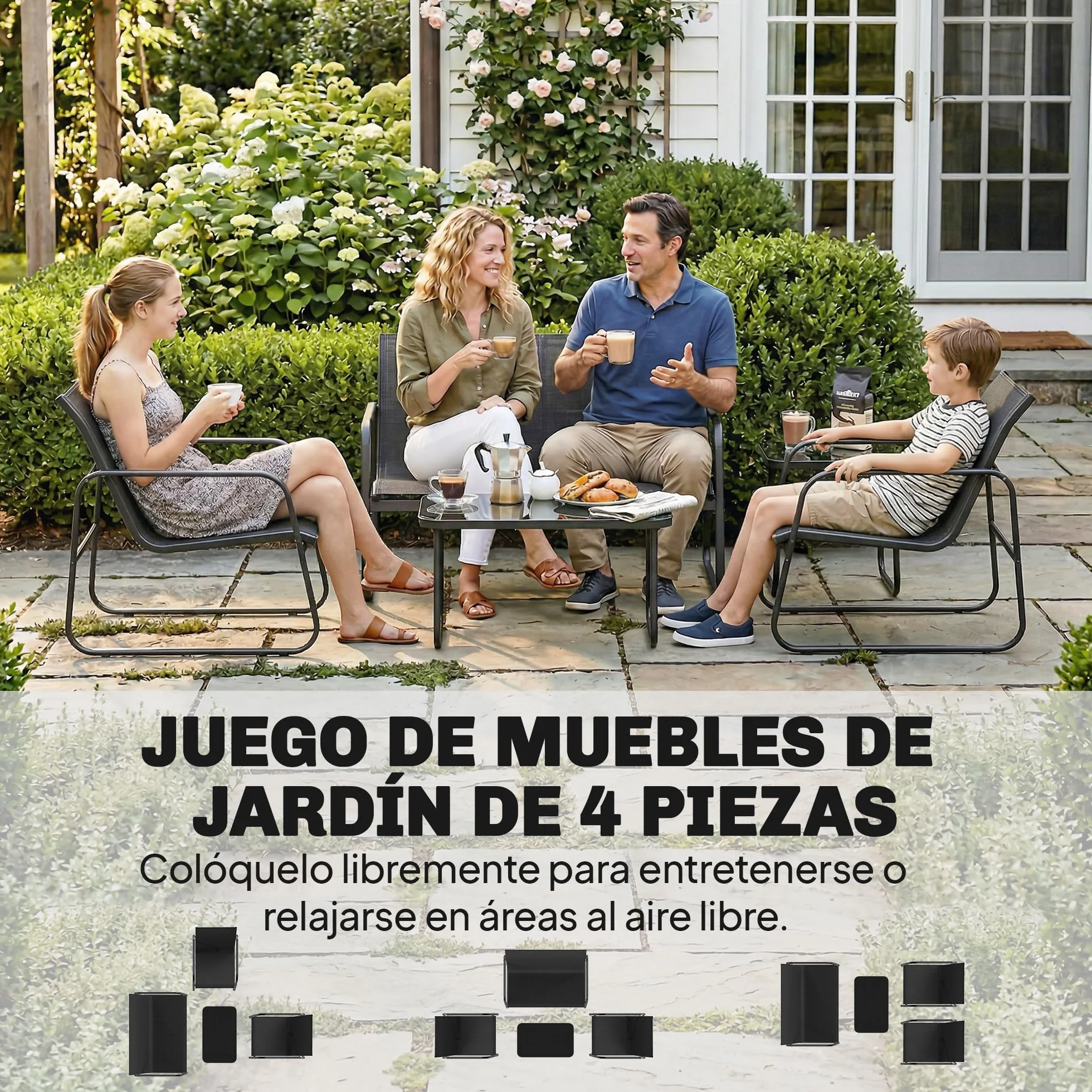 Outsunny Conjunto Jardín Exterior 4 Piezas Sofá 2 Plazas Sillones Mesa Vidrio Templado Textilene Acero Gris Oscuro