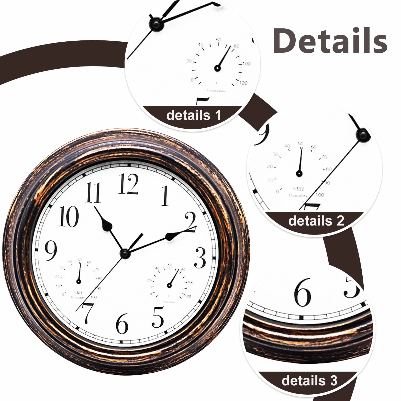12 Pulgadas Reloj De Pared Impermeable Con Termómetro Y Medidor De Humedad Para Jardín Exterior