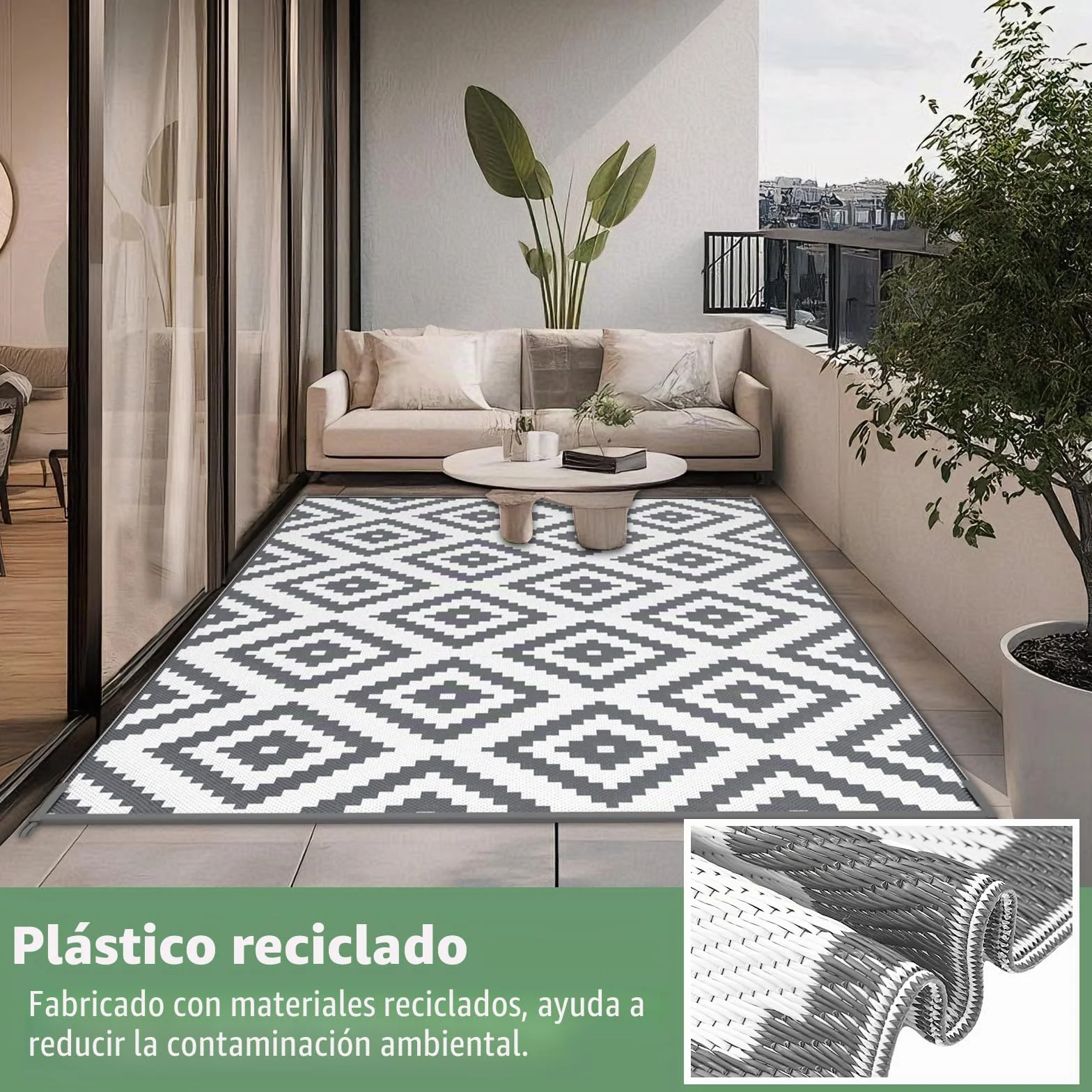 Alfombra de Exterior Impermeable Grande Reversible para Patio Jardín