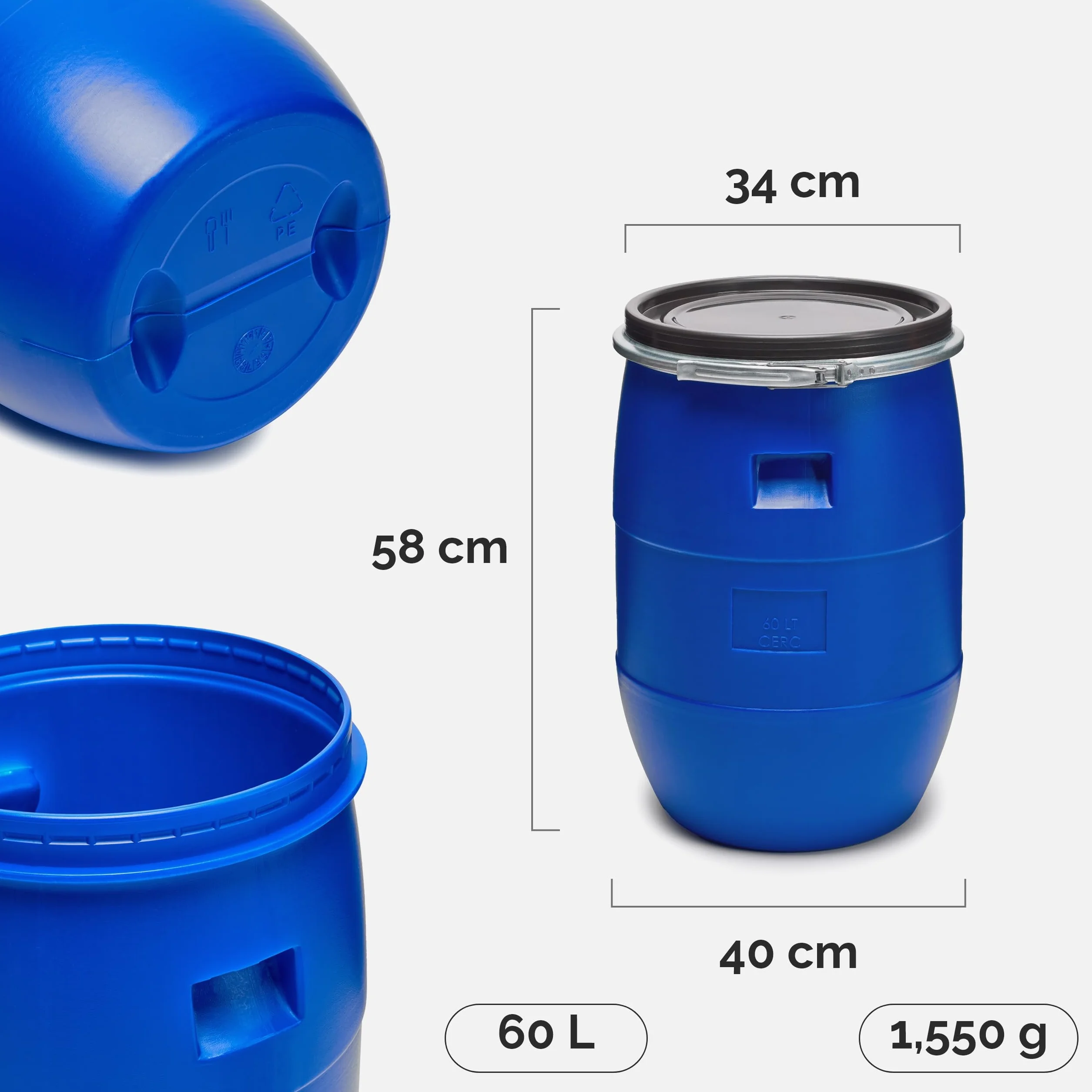 Garronda Set de 2 Piezas Barril Alimentario 60 L HDPE sin BPA Depósito Agua Boca Ancha GD-0122