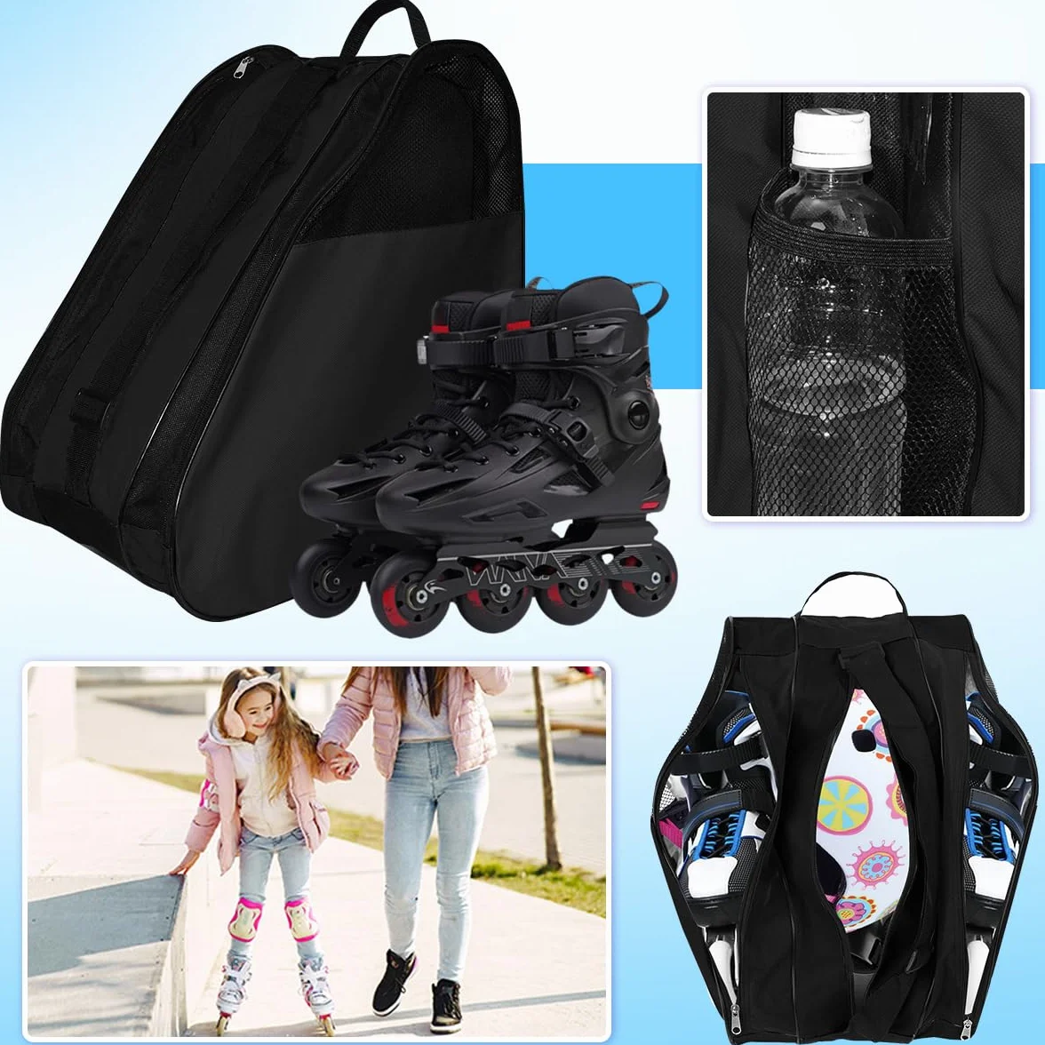 Mochila para Patines en Línea 3 Compartimentos Casco Protecciones Negro