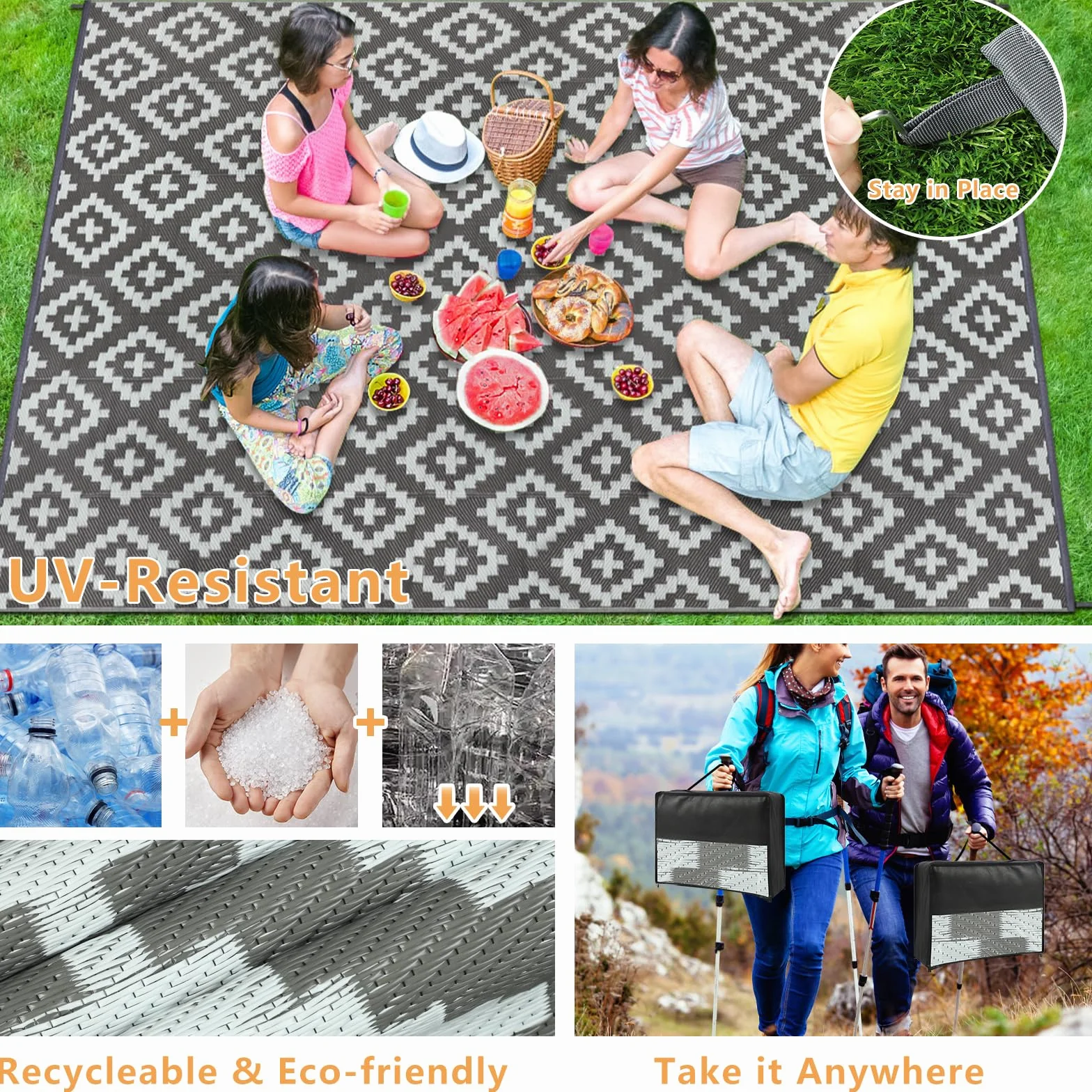 Alfombra de Exterior Homcomodar 180x270cm Gris Resistente UV Reversible Plástico Camping Patio