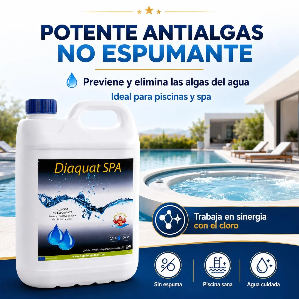 Algicida ULTRACONCENTRADO DIAQUAT SPA 5 L Antialgas de acción rápida Efecto CLARIFICANTE de Larga duracion Apto para Liner