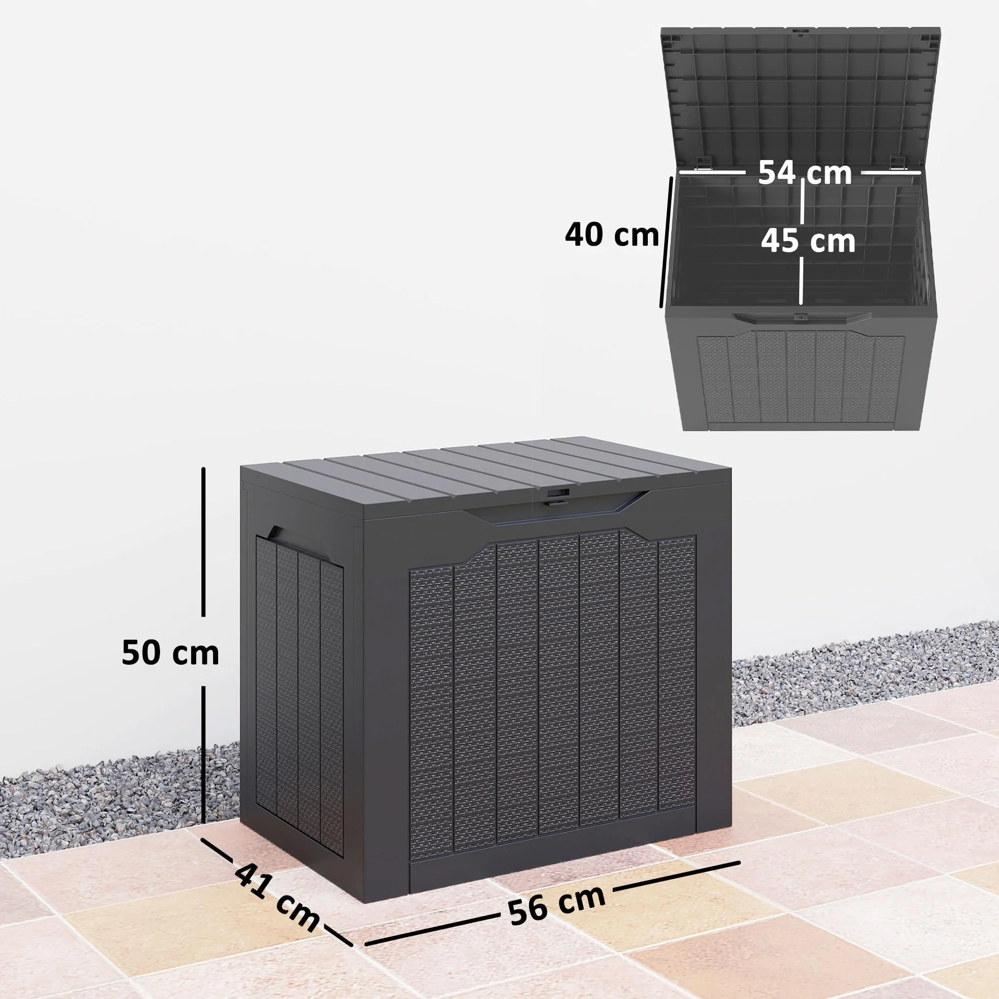 Outsunny Baúl de Almacenaje Exterior 93L Arcón de Jardín Plástico Impermeable 56x41x50 cm Negro