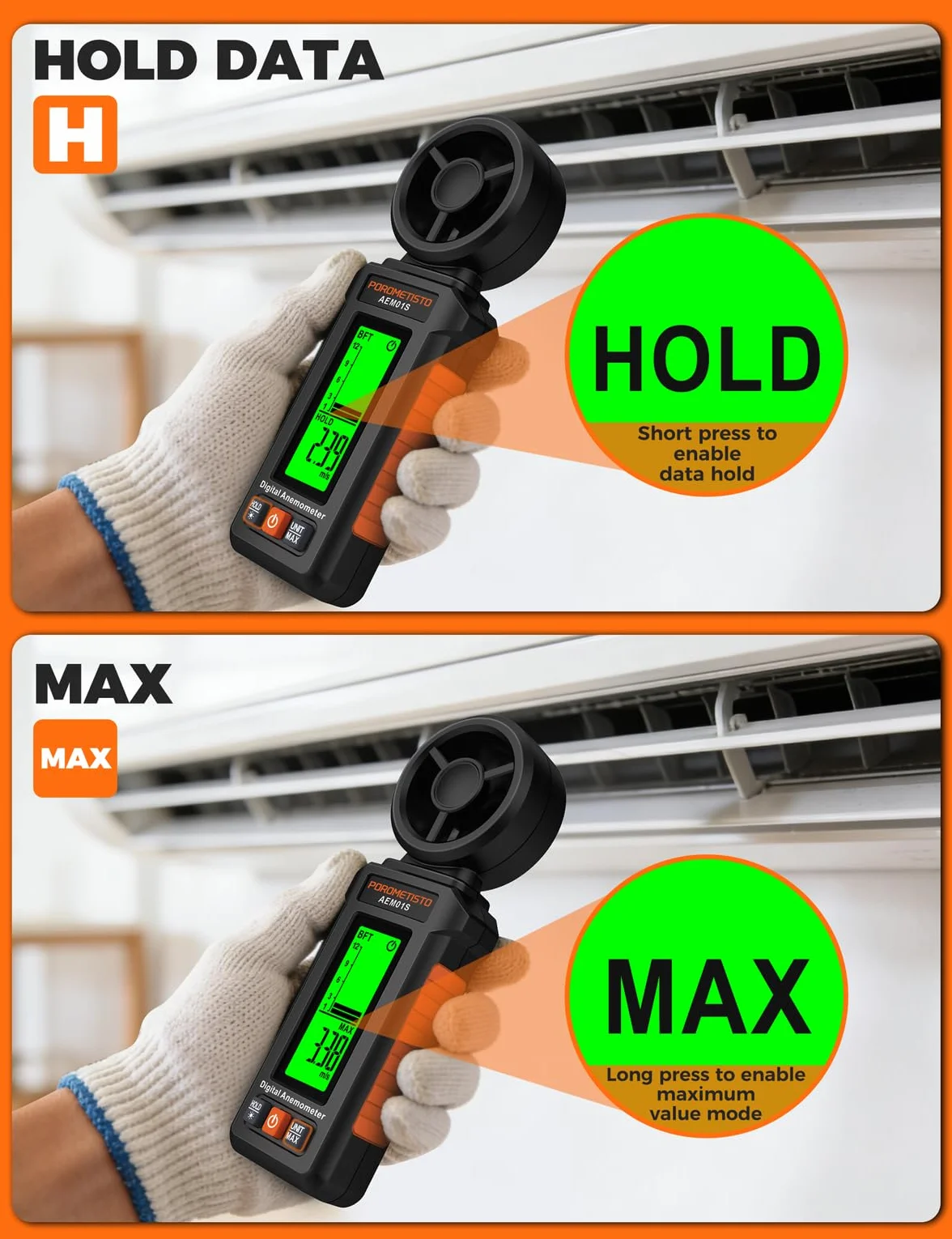 Anemómetro Digital AEM01S Portátil Antideslizante para HVAC