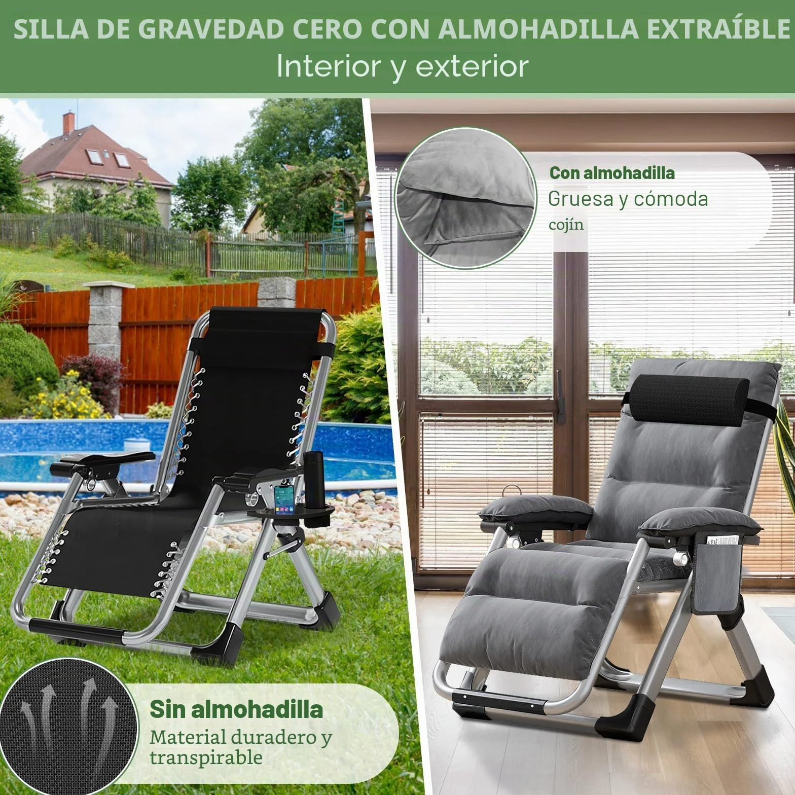 Tumbona Ryuhic para jardín, silla de gravedad cero ajustable, resistente con cojín y reposacabezas, bolsillo, soporta 200 kg, sillas reclinables plegables
