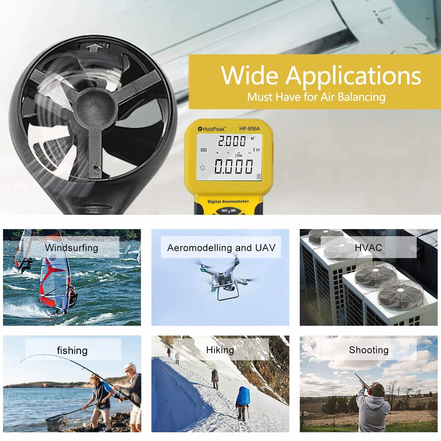 HoldPeak 856A Anemómetro Digital de Mano Medidor de Velocidad del Viento con Temperatura
