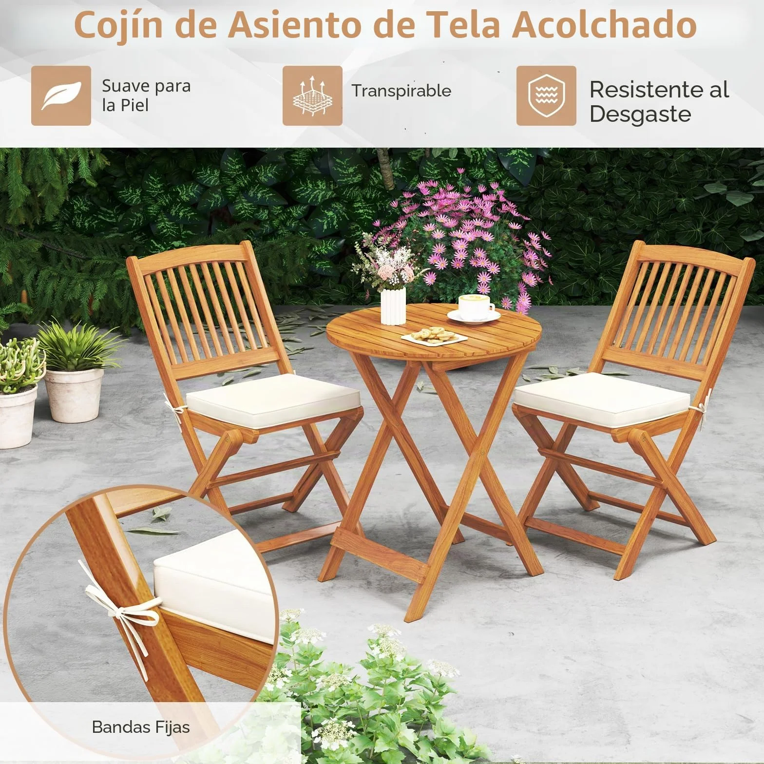 GOPLUS Juego de Mesa y Sillas para Jardín 3 Piezas, Mesa Redonda y 2 Sillas Plegables con Cojines, Madera de Acacia, Beige