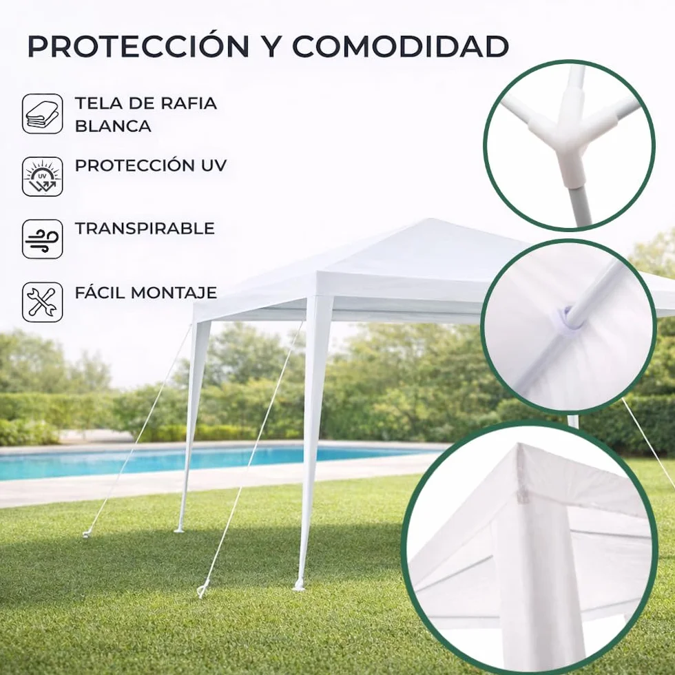 LOLAhome Carpa Cenador Gazebo Desmontable 3 x 3 m Blanco | con Tubos de Acero de Alta Resistencia, Protección UV, Rafia PE Resistente Lluvia| para Playa, Camping, Jardín, Patio, Terraza, Exteriores