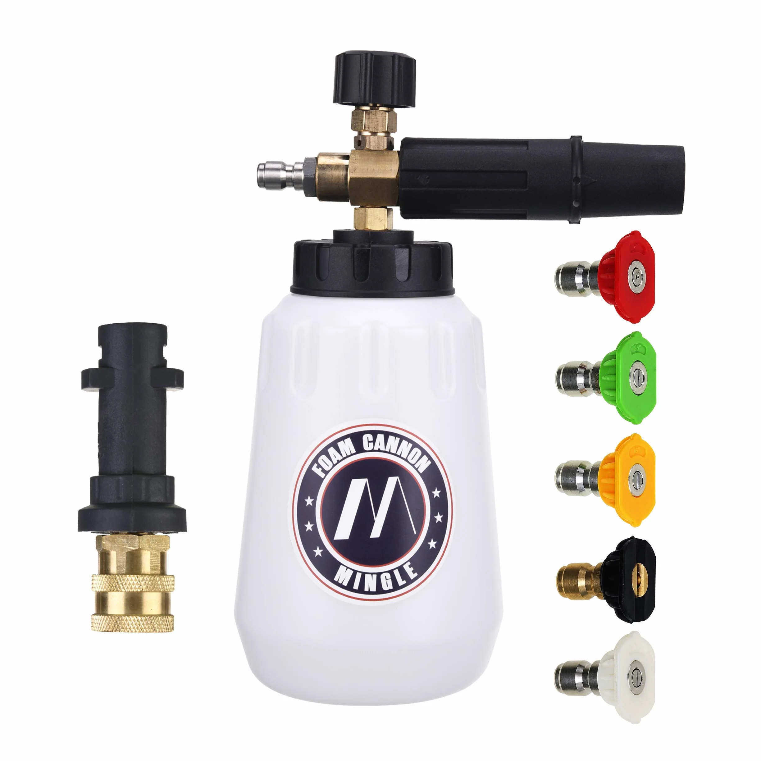 M MINGLE Cañón de espuma, compatible con lavadora a presión Karcher K2, K3, K4, K5, K6, K7, con 5 puntas de boquilla, conector rápido de 1/4 pulgadas
