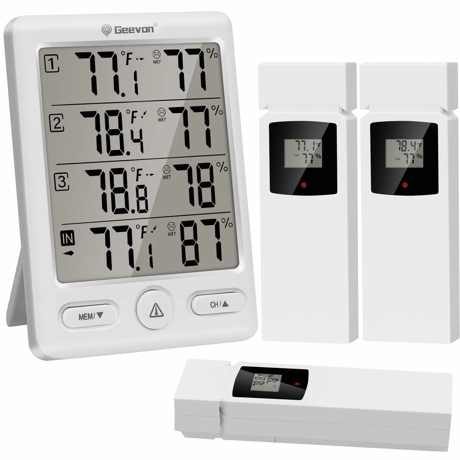 Geevon Termómetro inalámbrico interiores exteriores con 3 sensores remotos higrómetro digital rango 60 m