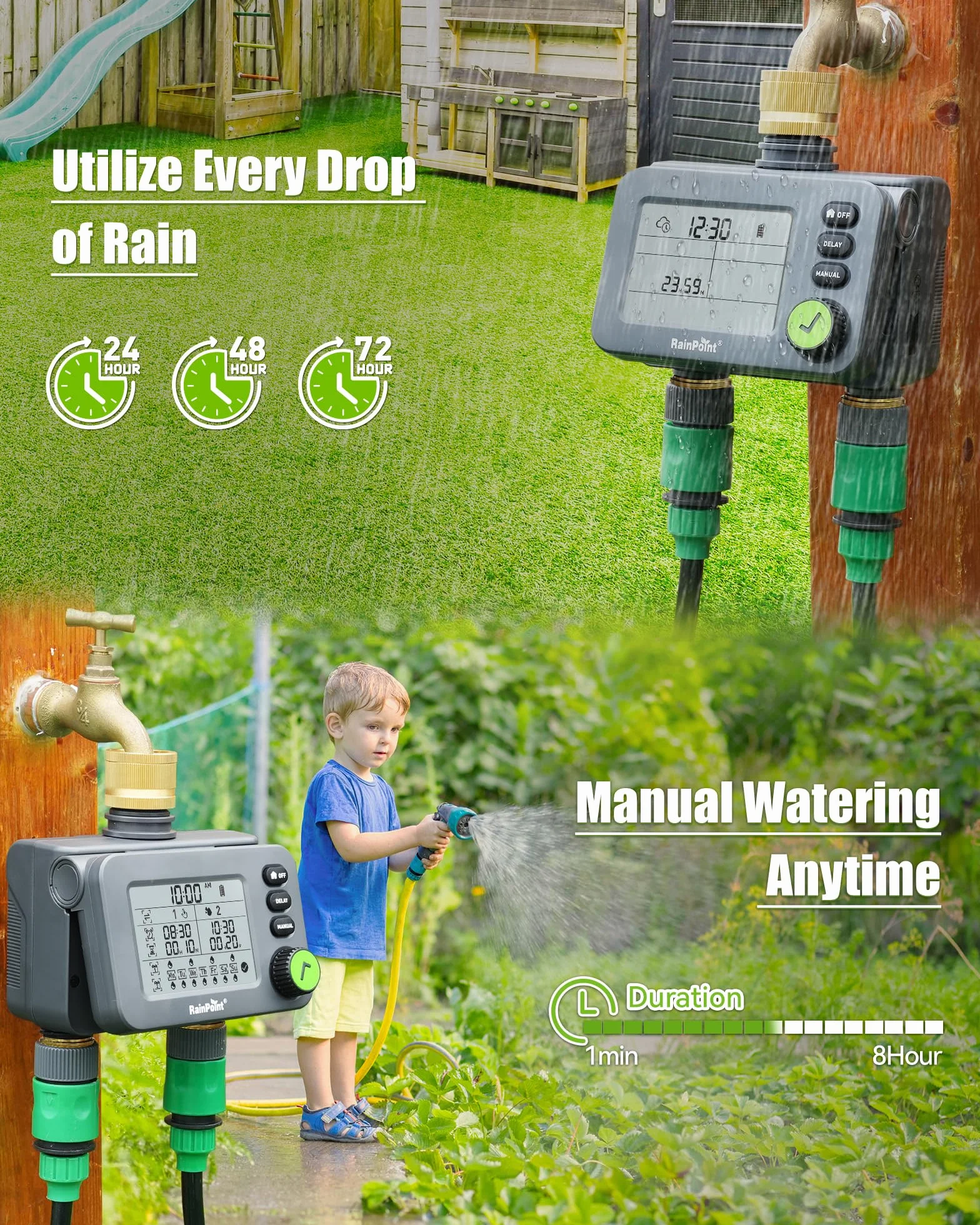 RAINPOINT Programador Riego 2 Salidas, Temporizador Automatico con Retardo de Lluvia, Pantalla LCD