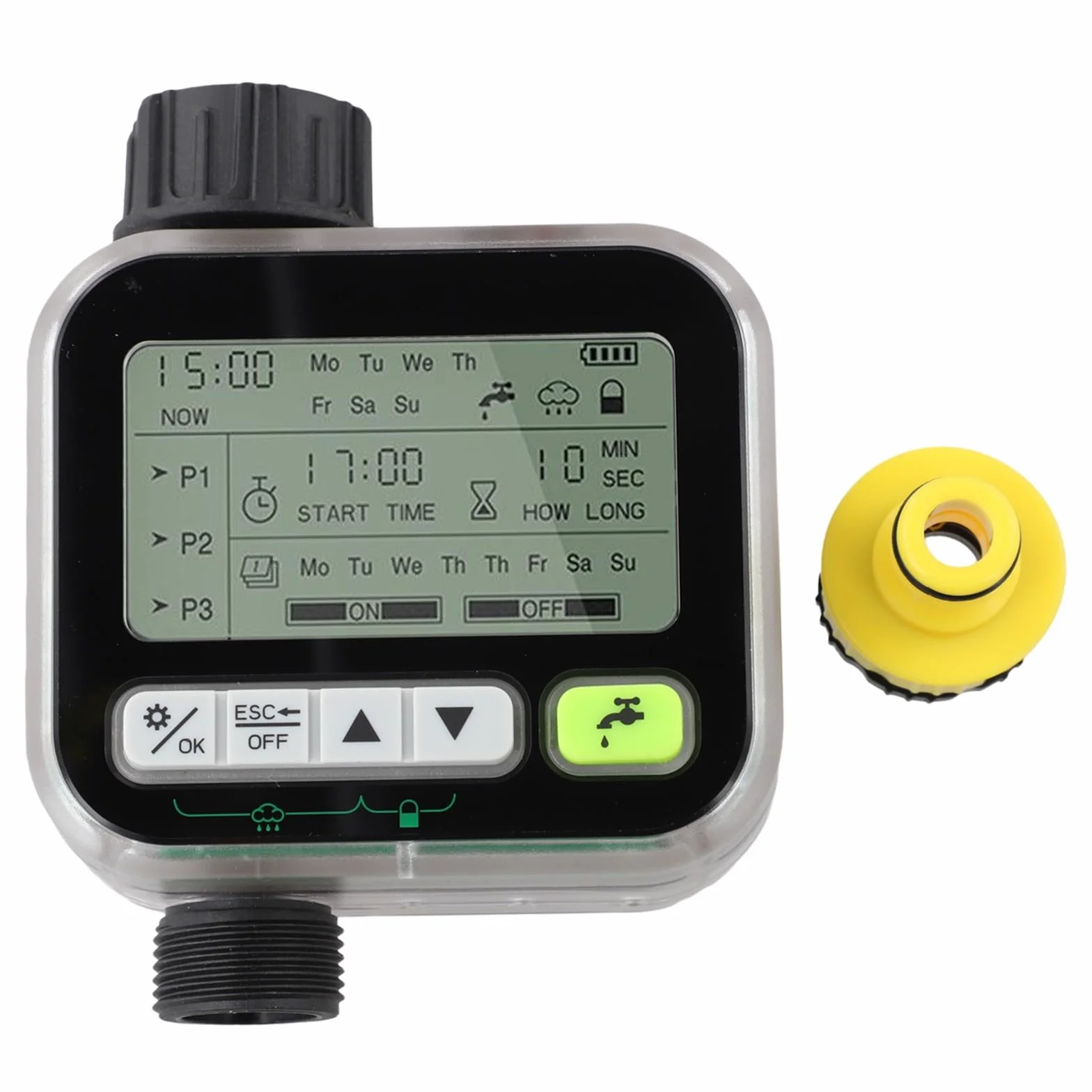 Temporizador de riego de jardín con sensor de lluvia, IPX5 impermeable, pantalla LCD