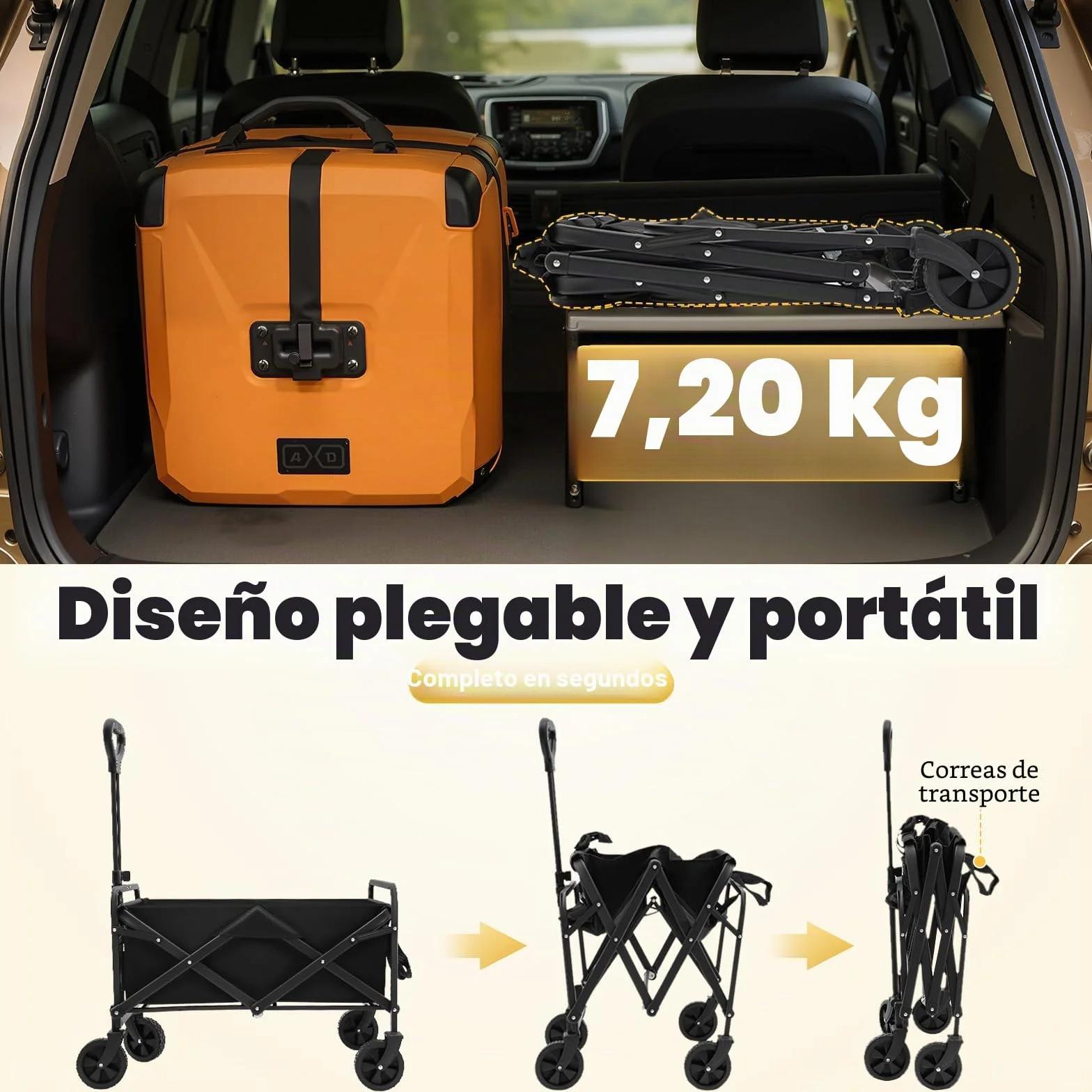 Carro plegable de hasta 80 kg – Carro de transporte con 2 soportes para copas para playa, jardín, camping y compras (ligero y resistente, negro)