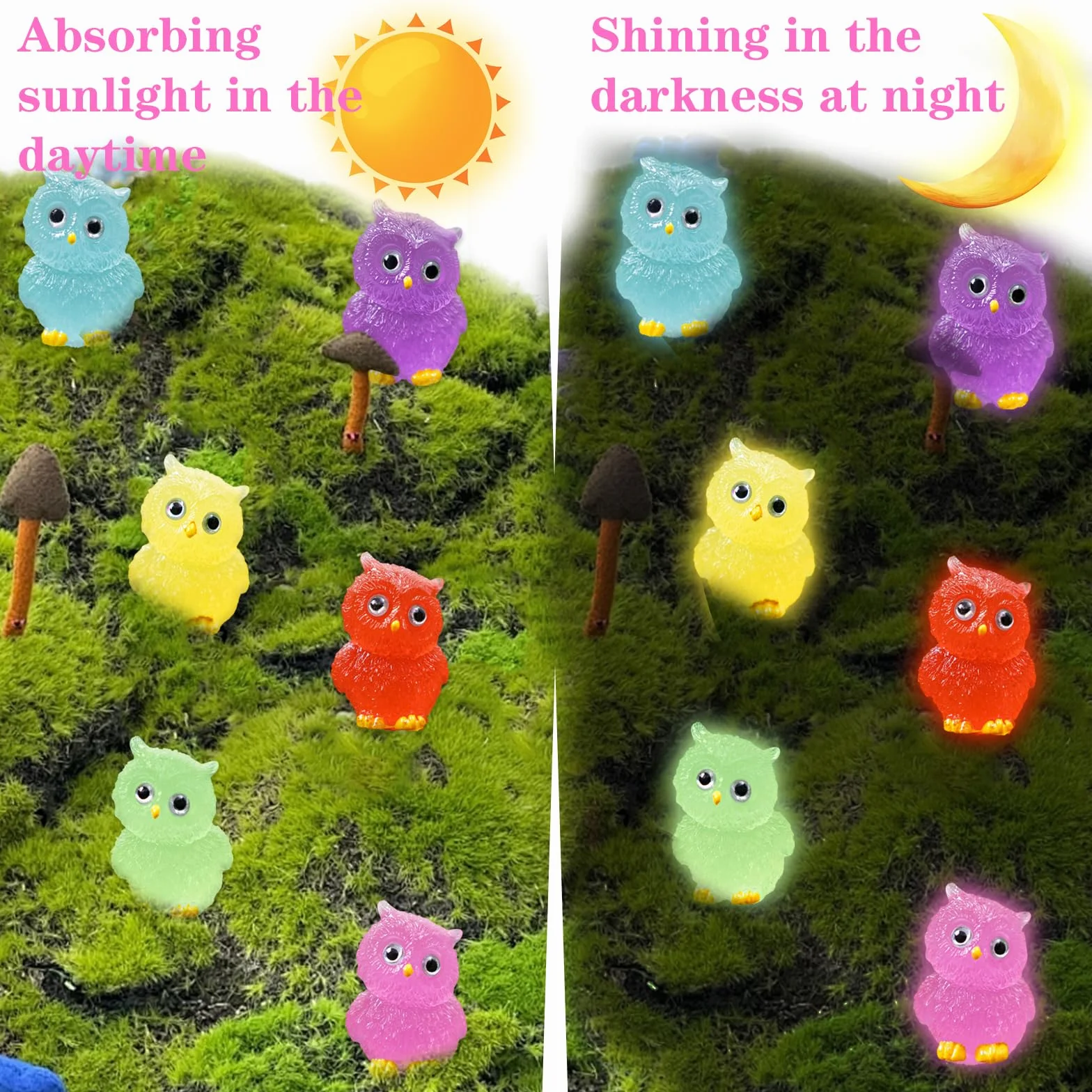 Mini animales luminosos, 30 unidades de mini búhos de resina, 6 colores, pequeñas figuras de búhos, figuras de resina, pequeñas adecuadas para casa de muñecas, paisaje, jardín, plantas