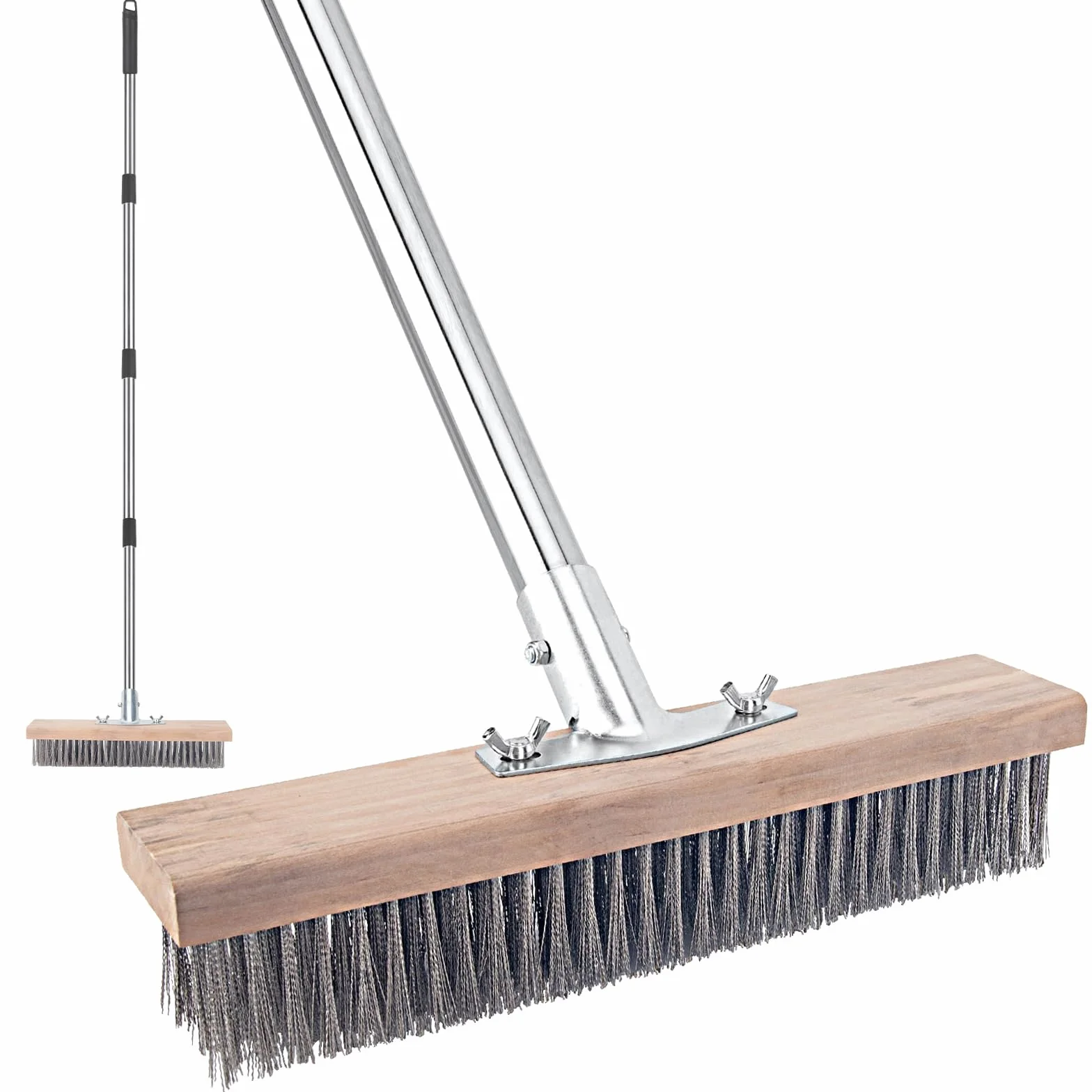Cepillo de alambre de acero inoxidable con mango largo para cubierta, hormigón, limpieza de suelos de patio, escoba de cerdas de metal rígido resistente para eliminar musgo al aire libre