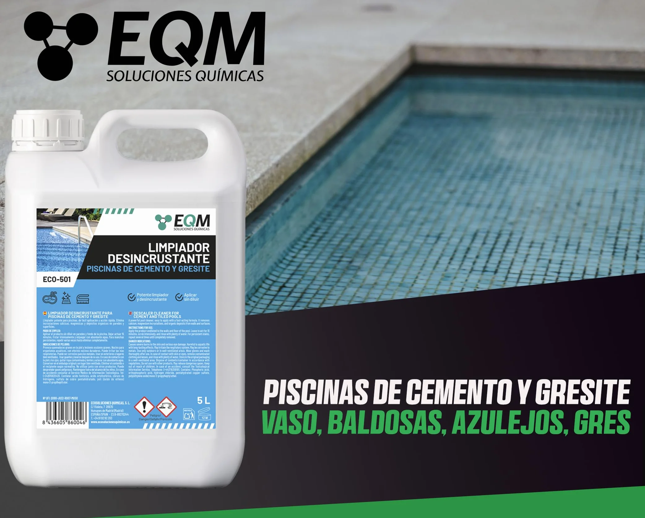 EQM ECO-501 Limpiador Desincrustante Piscinas Cemento-Gresite 5L