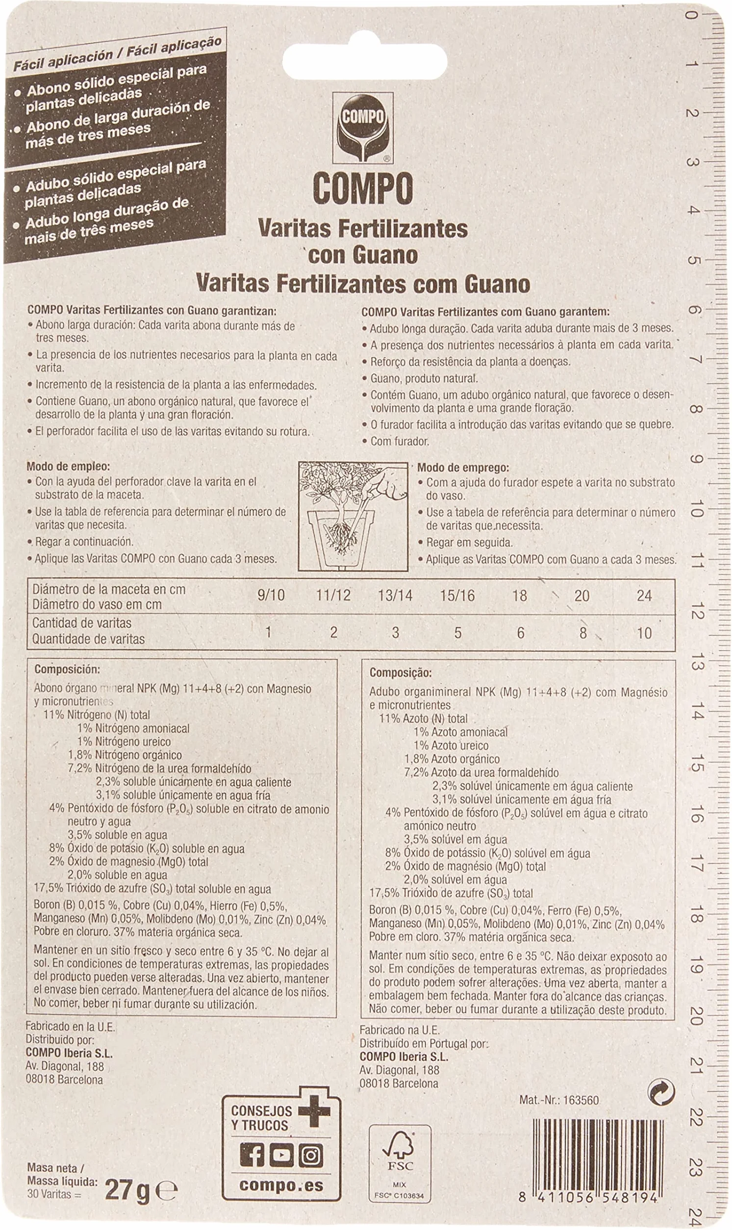 COMPO Varitas fertilizantes con guano para plantas interior exterior 30 unidades