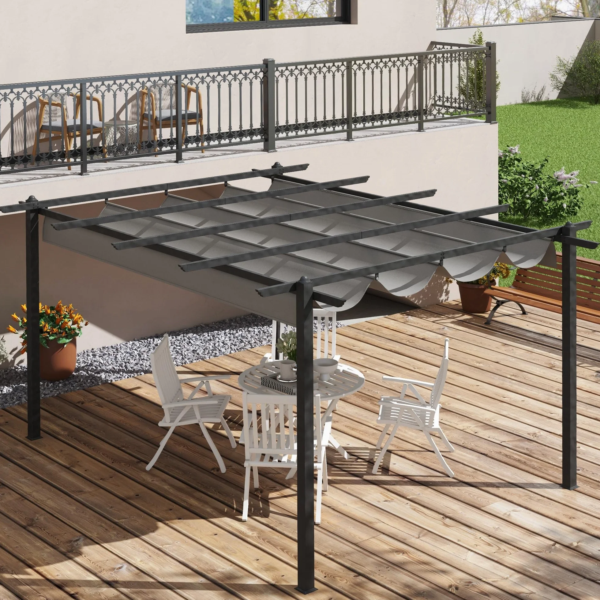 Outsunny Pérgola de Jardín 4x3 m con Techo Retráctil, Cenador de Jardín con Estructura de Aluminio, UPF30+, Orificios de Drenaje, Pabellón para Exterior, Patio, Terraza, Gris