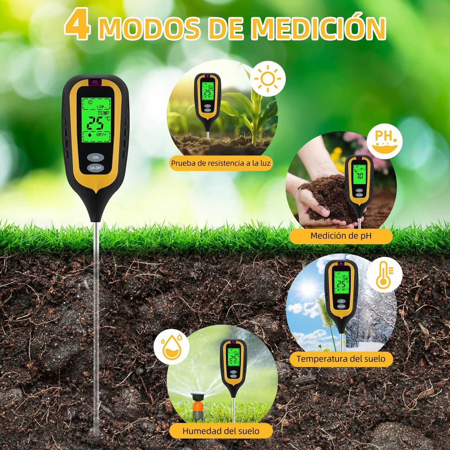 4 en 1 Medidor Humedad Plantas Medidor pH Tierra Suelo para Huertos Jardines