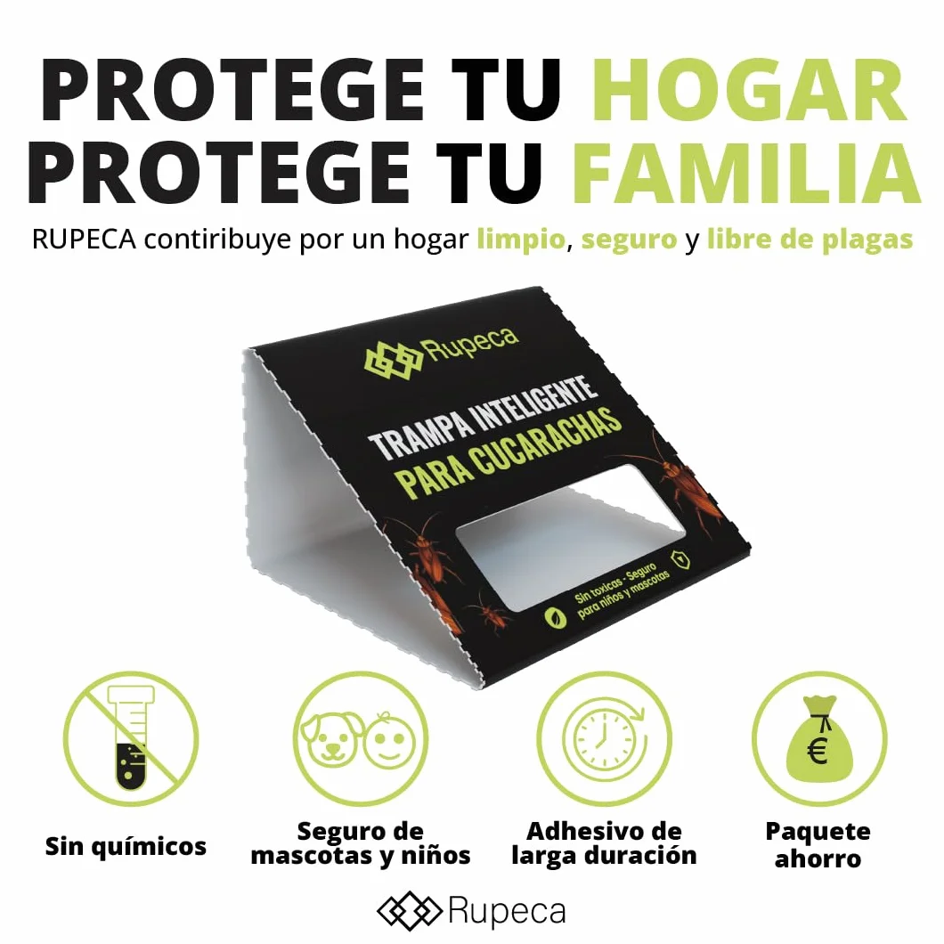 RUPECA Trampas Adhesivas para Cucarachas Sin Tóxicos – Control de Plagas Seguro para el Hogar – Trampa Anti Cucarachas Interior Discreta y Duradera