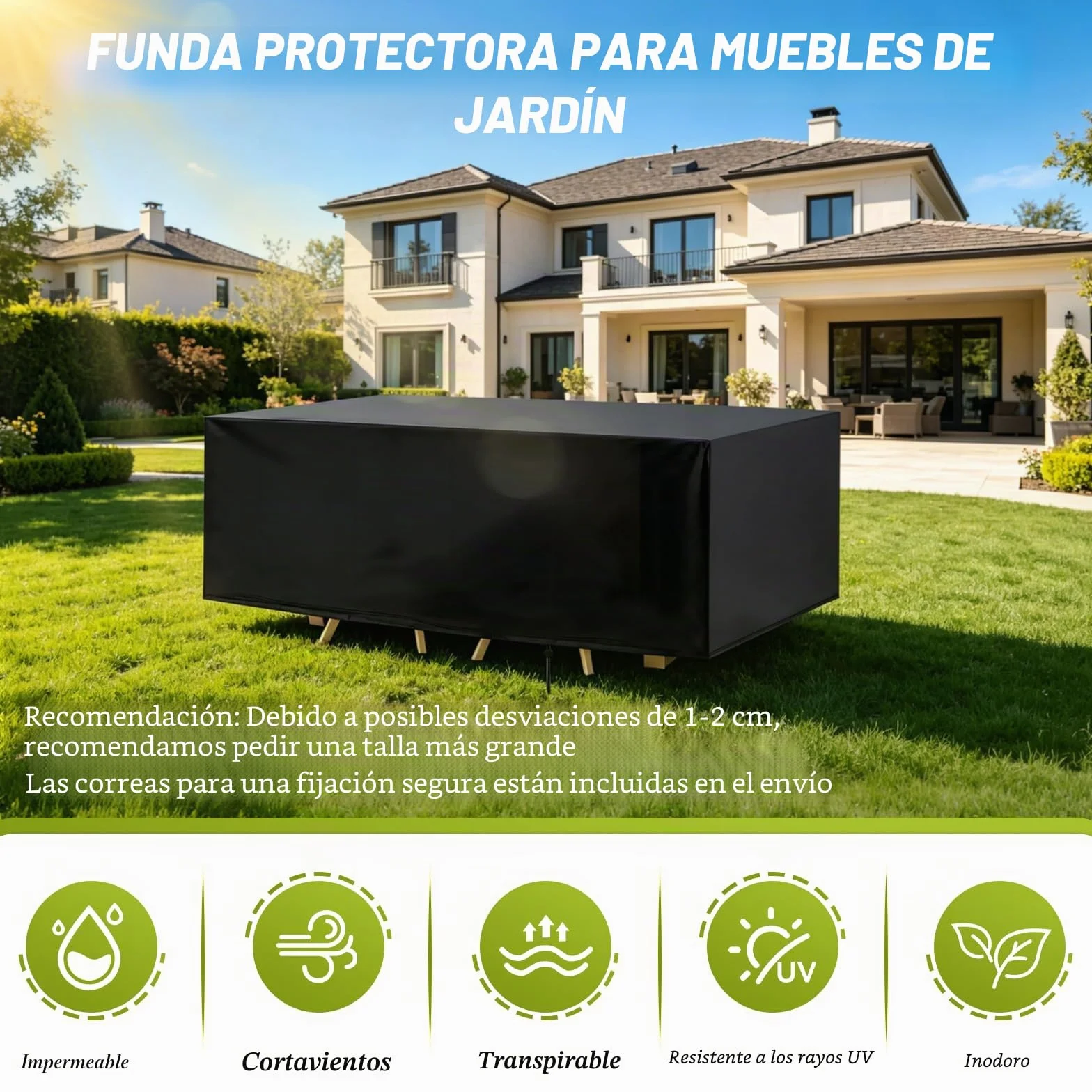 Funda Para Muebles de Jardín, Protectora Anti UV Anti Viento, Cuadrada 213x132x72cm Negro
