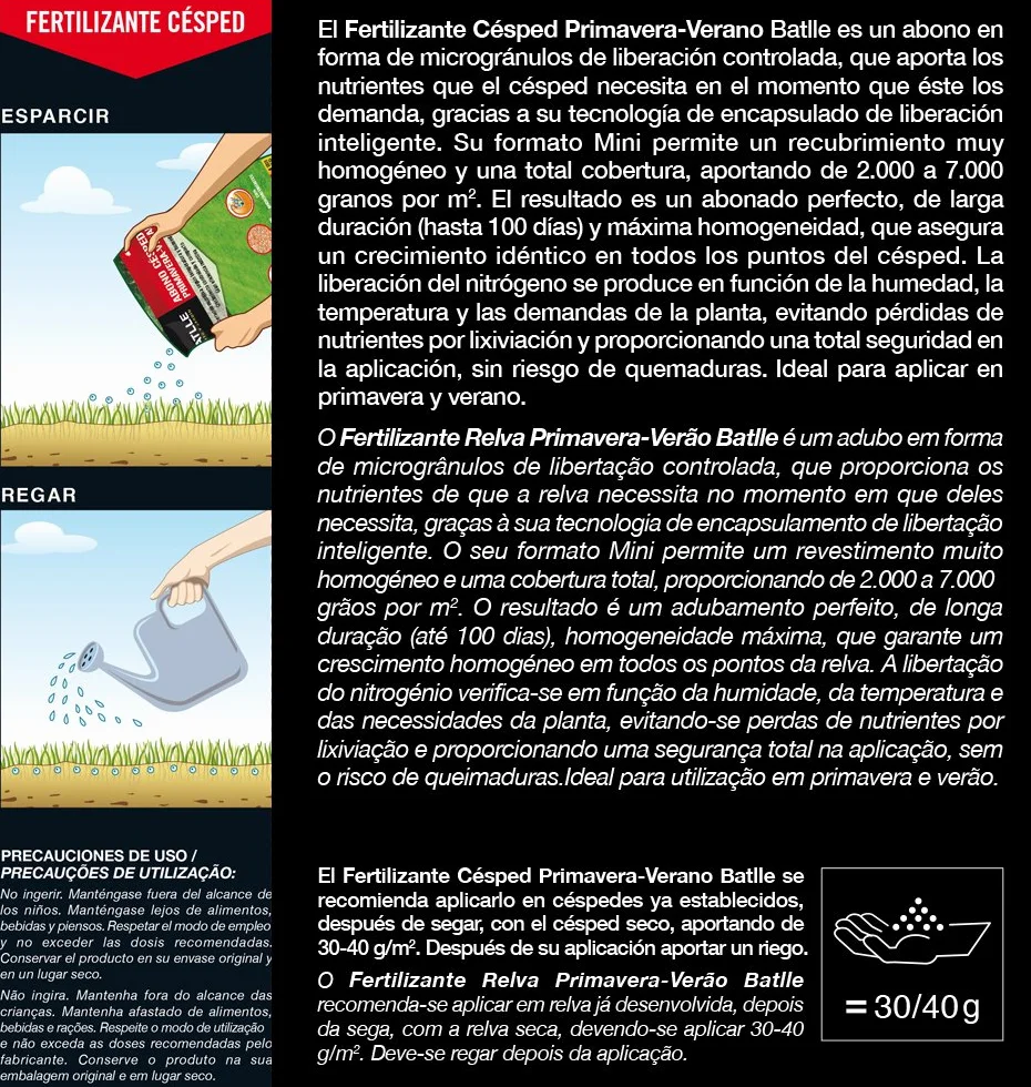 BATLLE Fertilizante Césped Primavera-Verano 4 kg Abono Microgranulado con Hierro