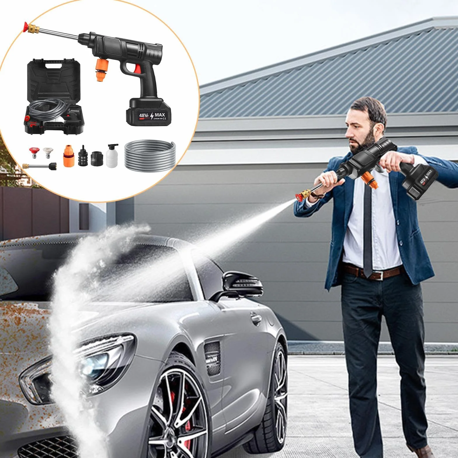 Hidrolimpiadora Inalámbrica Eléctrica Portátil Sin Cable | Máquina de Limpieza Portátil con Manguera de 5 m para Coche Suelos Valla Casa