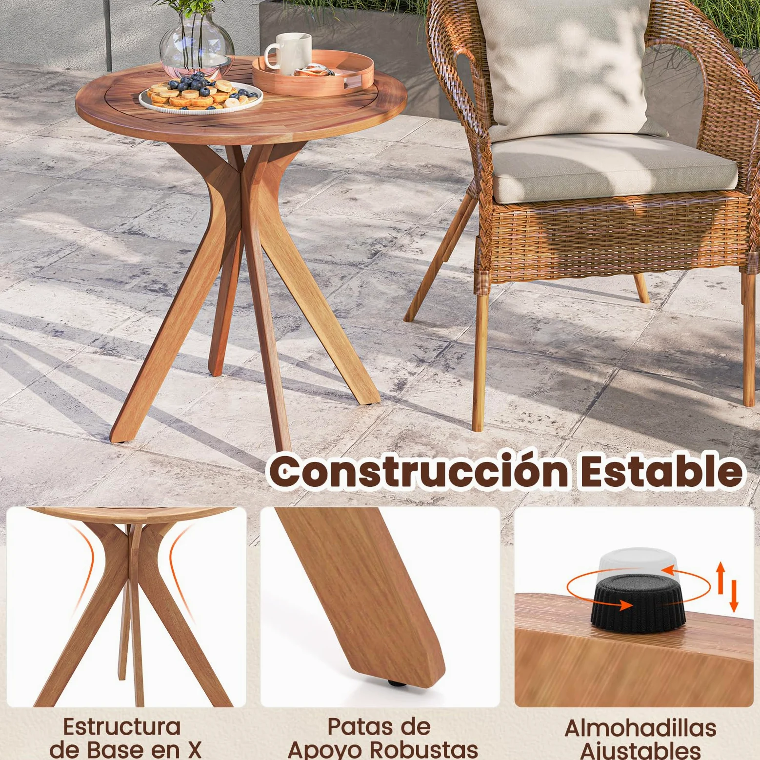 COSTWAY Mesa Auxiliar de Madera para Patio, Mesa de Jardín Redonda de 70 cm con Base de X, Mesa Auxiliar de Café para Jardín, Patio, Sala de Estar