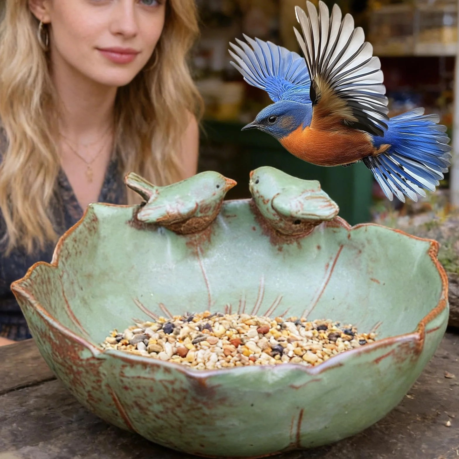 Bebedero para Aves de Suelo Gran Decorativo | Cuenco de Cerámica para Agua y Macetero Hidropónico para Jardín Interior Exterior, Patio, Balcón, Ventana, Terraza