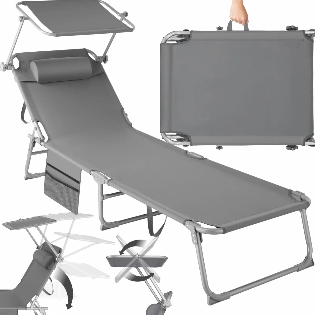 Tectake Tumbona Jardín Exterior Acero Plegable Reposacabezas Parasol Bolsillo Lateral Reclinable 6 Posiciones Resistente Intemperie Gris