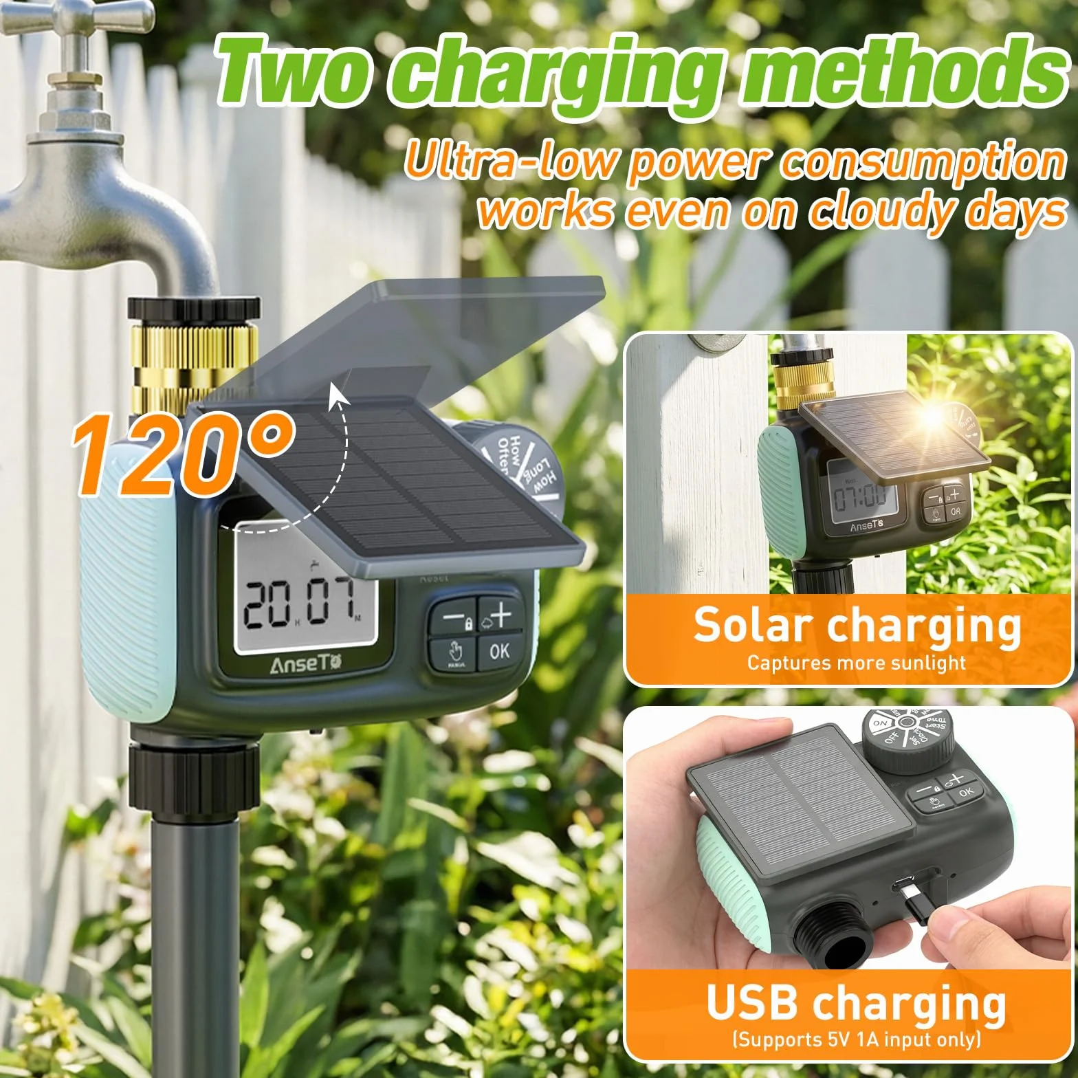 Temporizador de Riego Automático LCD con Carga Solar y Tipo C para Jardín