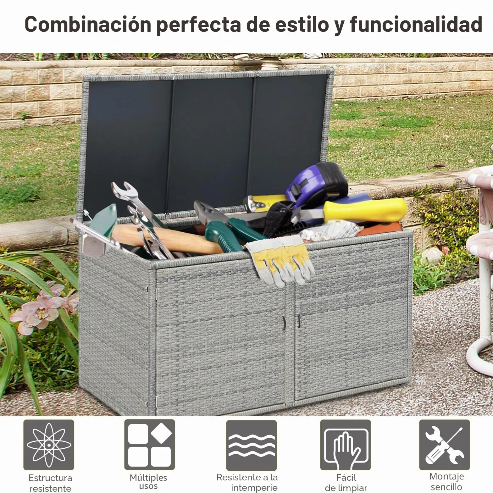KOMFOTTEU Baúl de Almacenamiento Exterior de Ratán 330 L, 115 x 60 x 65 cm, Gris