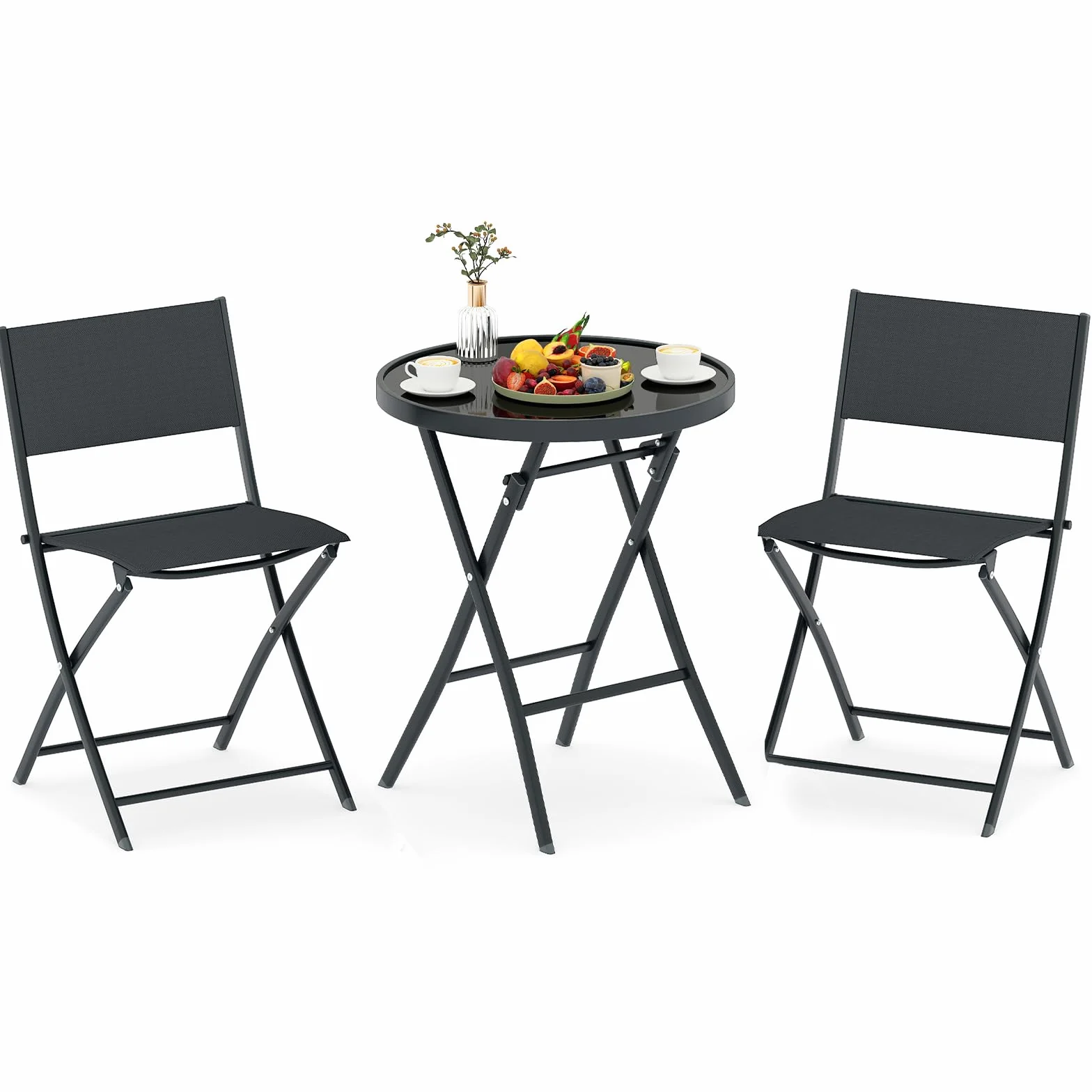 KOMFOTTEU Juego de Bistró 3 Piezas Plegables, Conjunto de Jardín Textileno, Mesa de Vidrio Templado y 2 Sillas