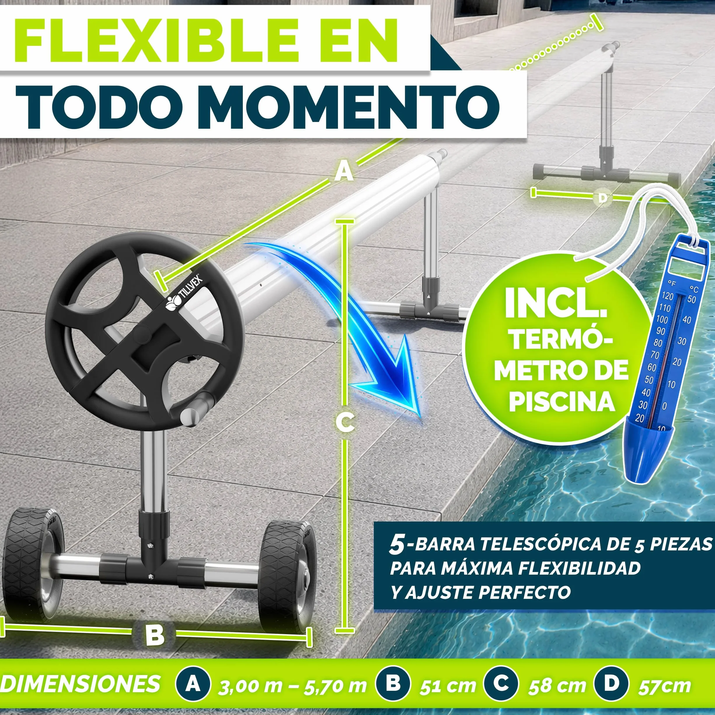 Tillvex Enrollador de Cubiertas para Piscinas 3-5,70 m con Neumáticos de Caucho Macizo y Termómetro