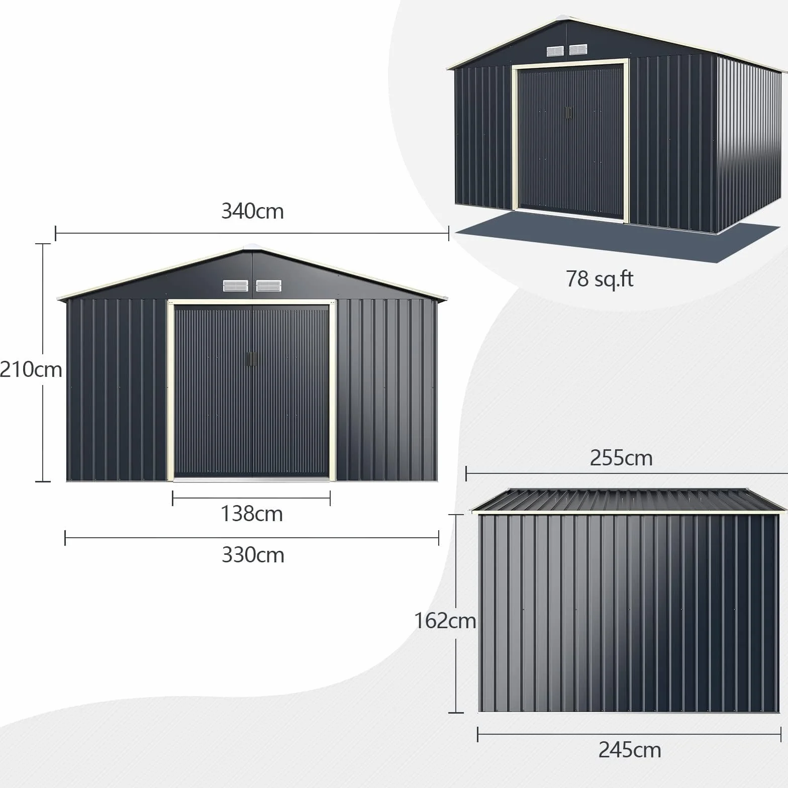 COSTWAY Cobertizo Jardin Exterior Acero Galvanizado 8.7m² 340x255x210cm 2 Puertas Correderas Antracita