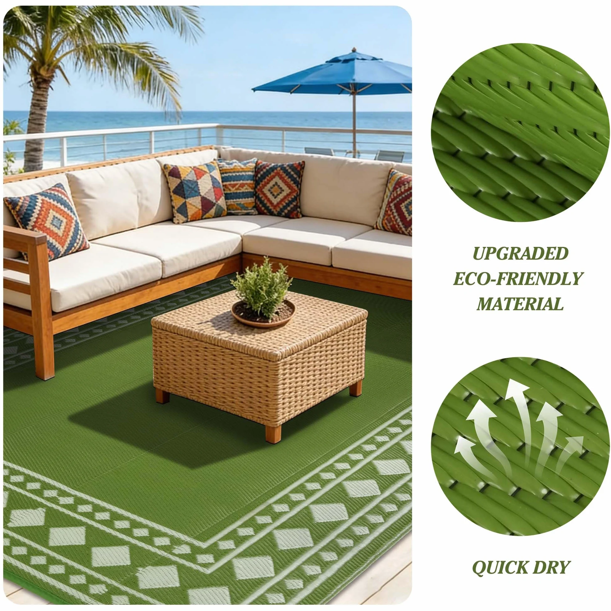 Alfombra de exterior resistente a la intemperie 180 x 270 cm reversible permeable al agua plástico camping terraza jardín verde