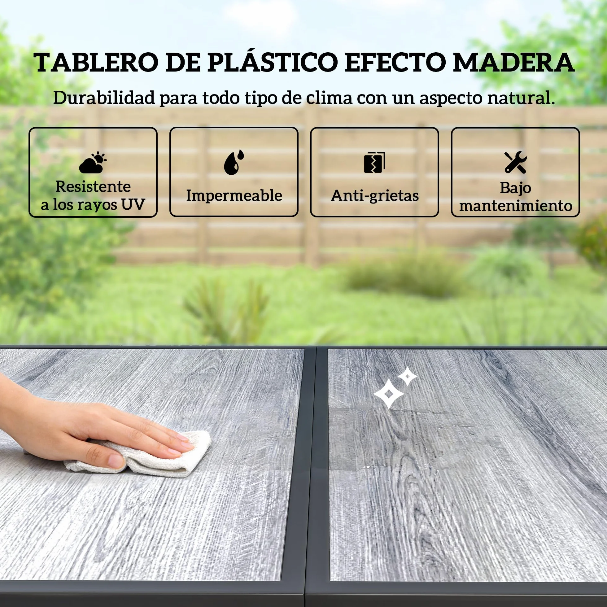 Outsunny Conjunto de Mesa y Sillas Jardín de 7 Piezas, Muebles de Jardín Exterior con Mesa de Efecto Madera y 6 Sillas con Asiento Transpirable, Marco de Acero Galvanizado, para Terraza, Patio, Negro