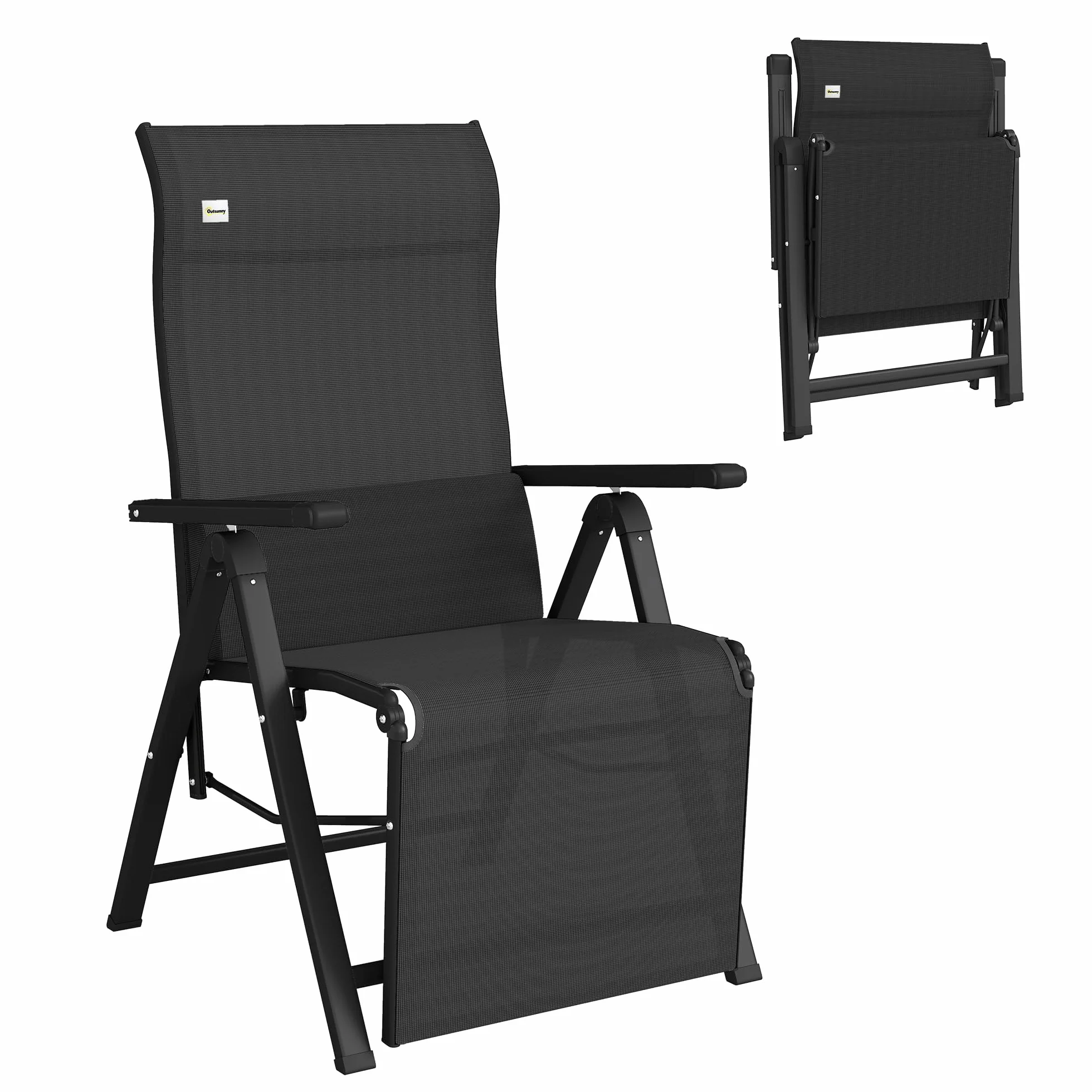 Outsunny Silla Reclinable Plegable de Jardín 9 Posiciones 150 kg Negro | Respaldo Ajustable, Cojín Lumbar, Estructura de Acero y Textilene Transpirable