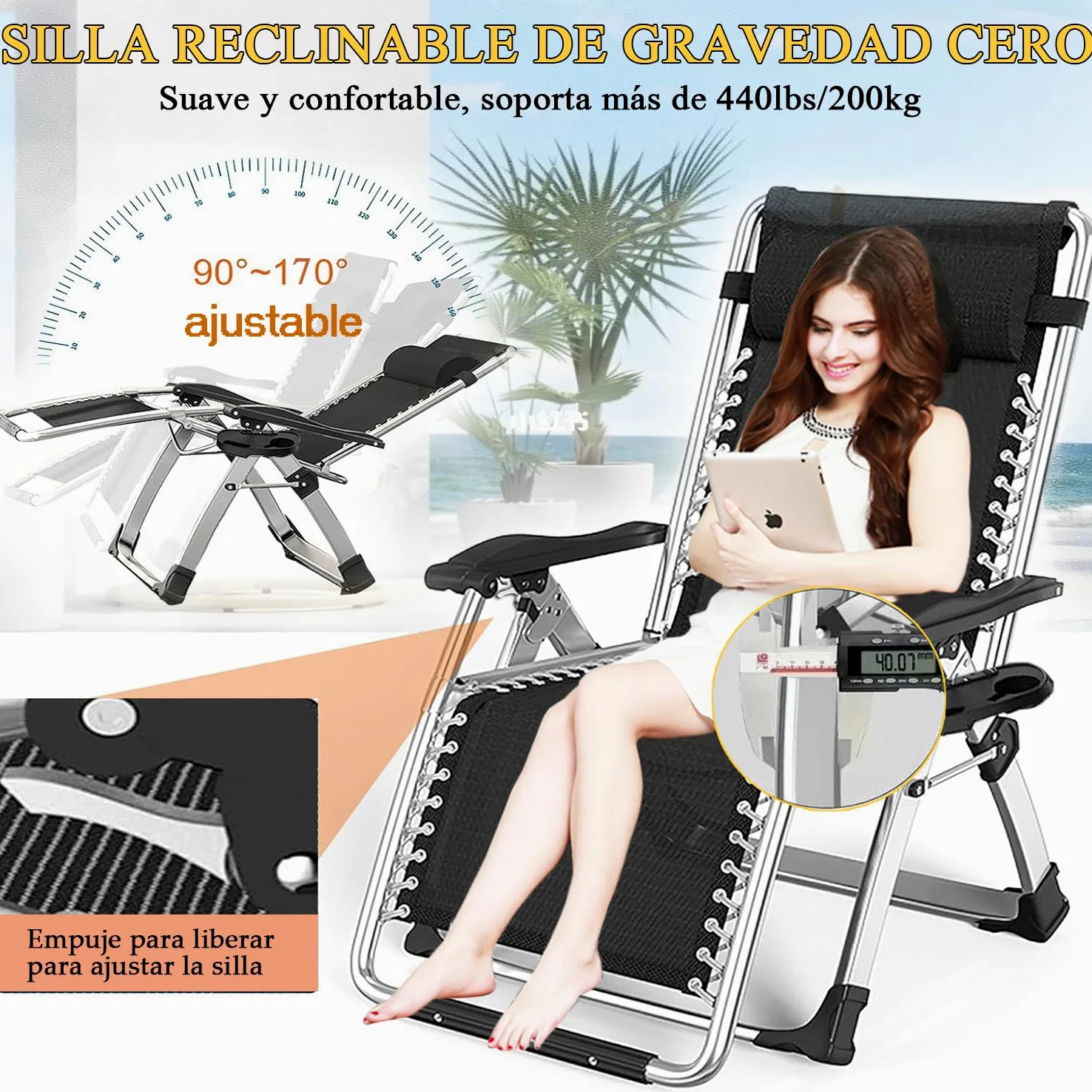 Tumbona Plegable Interior, Tumbonas Jardin Exterior Acolchada Pack de 2 Silla Gravedad Cero Reclinable Camping con Soporte para Bebidas Carga MáXima 200kg (Cojín Negro)