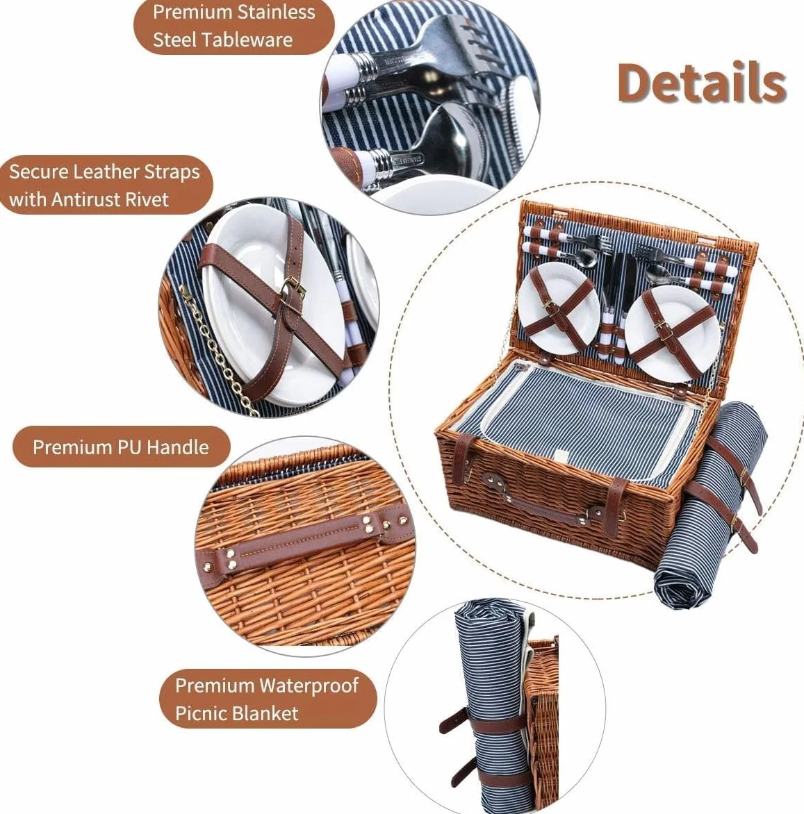 Cesta de Picnic de Mimbre para 4 Personas con Compartimento Aislado, Manta de Picnic Impermeable y Kit de Cubiertos, Canasta de Picnic para Camping, Excursiones