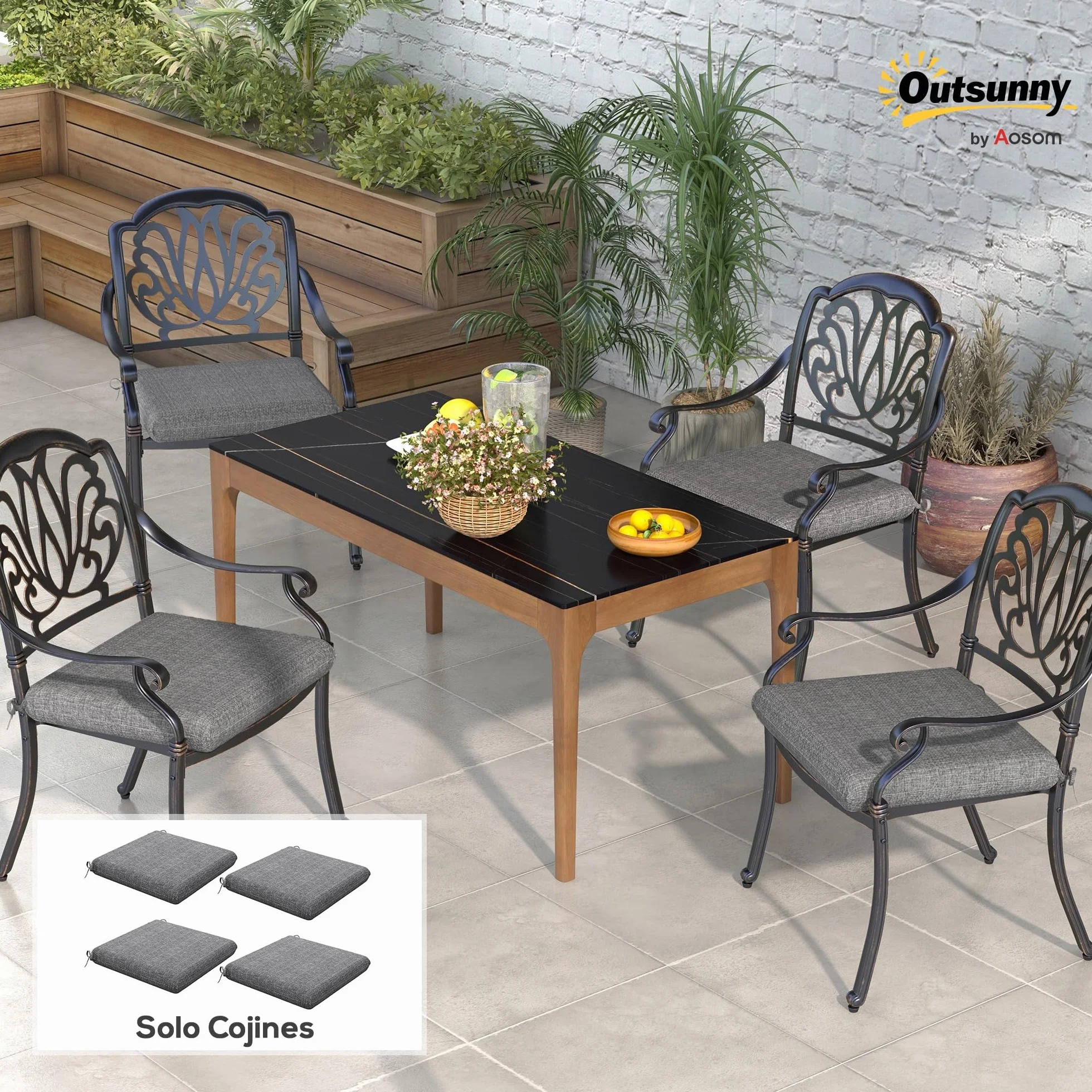 Outsunny Conjunto de Cojines para Sillas de Comedor 47x47x7 cm Juego de 4 Piezas Impermeable Protección UV 50+ Gris