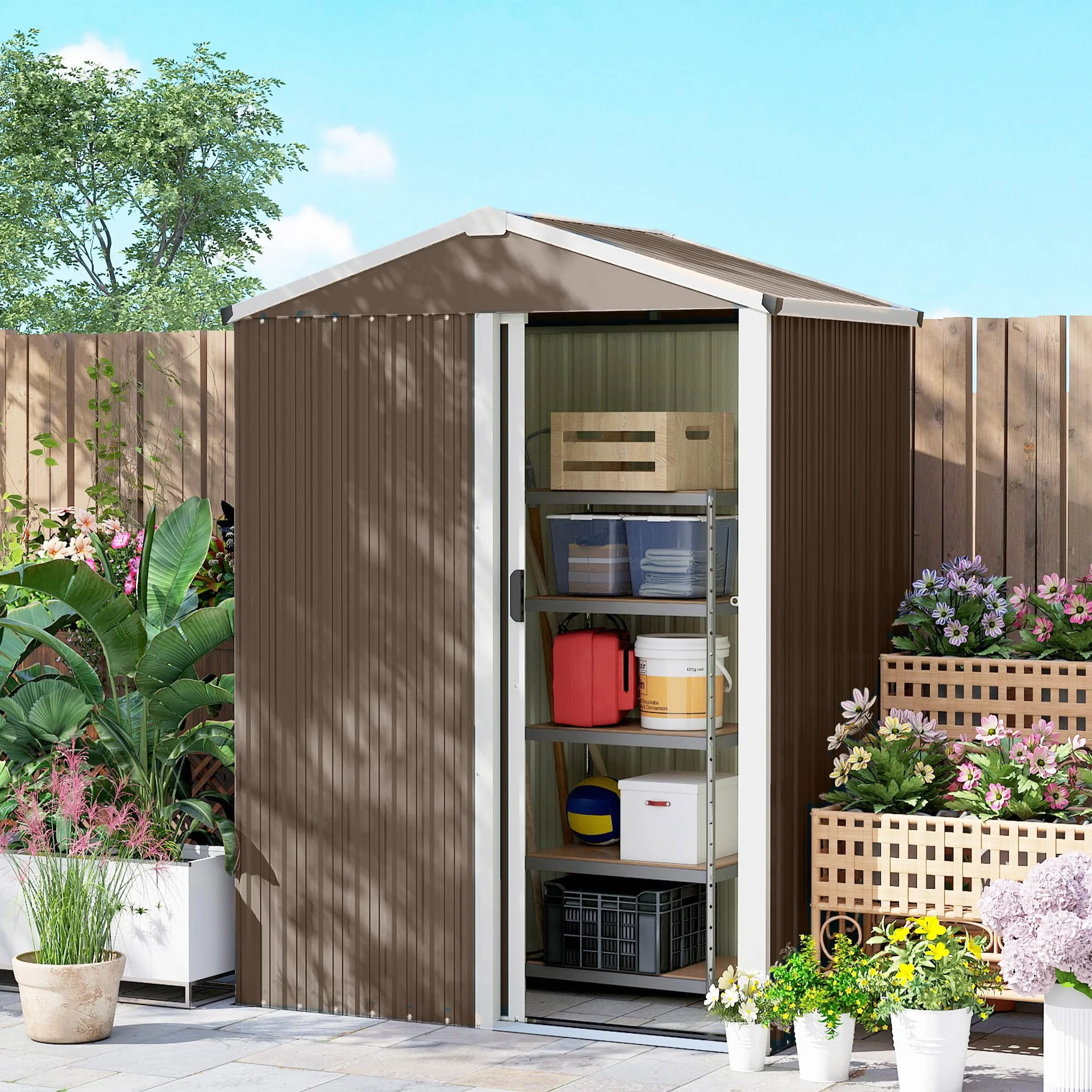 Outsunny Caseta de Jardín Exterior 1,1 m² 136x87x179 cm Cobertizo Metálico con Puerta Corredera Techo Inclinado