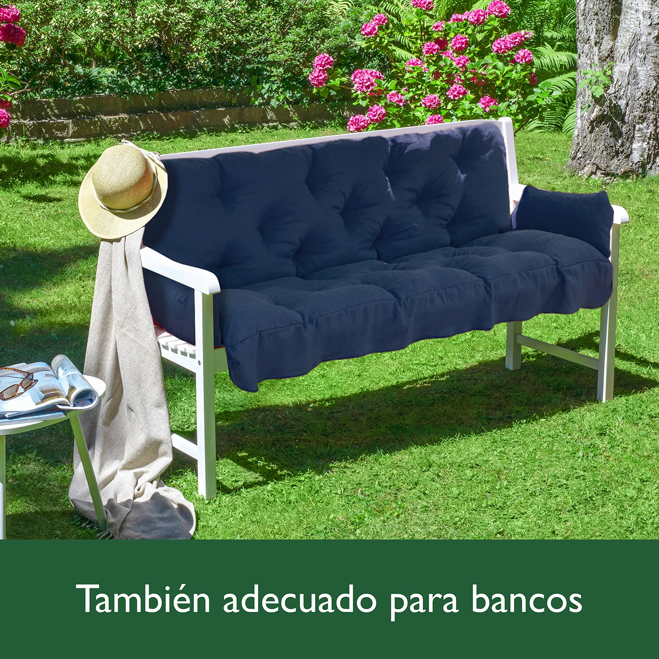 Beautissu Cojín para Columpio de Jardín 180x50x8 cm Flair HS – Cojín de Exterior con 2 Cojines – Colchoneta para Banco de Jardín, Relleno de Copos de Espuma - Azul Marino