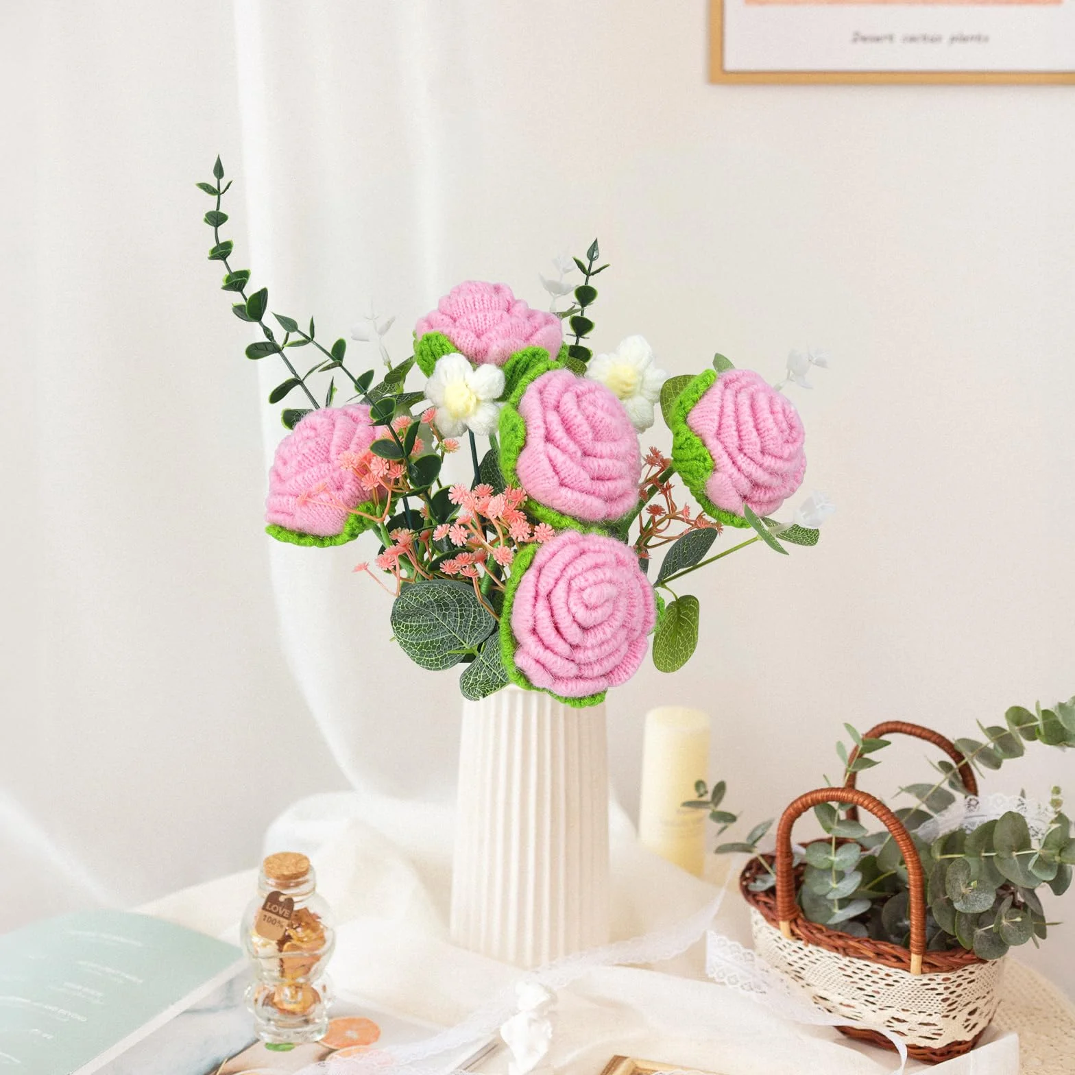 Ramo de Flores de Ganchillo Hecho a Mano con Bolsa de Regalo para Mujer, Bodas, Día de la Madre (Rosa blanco)