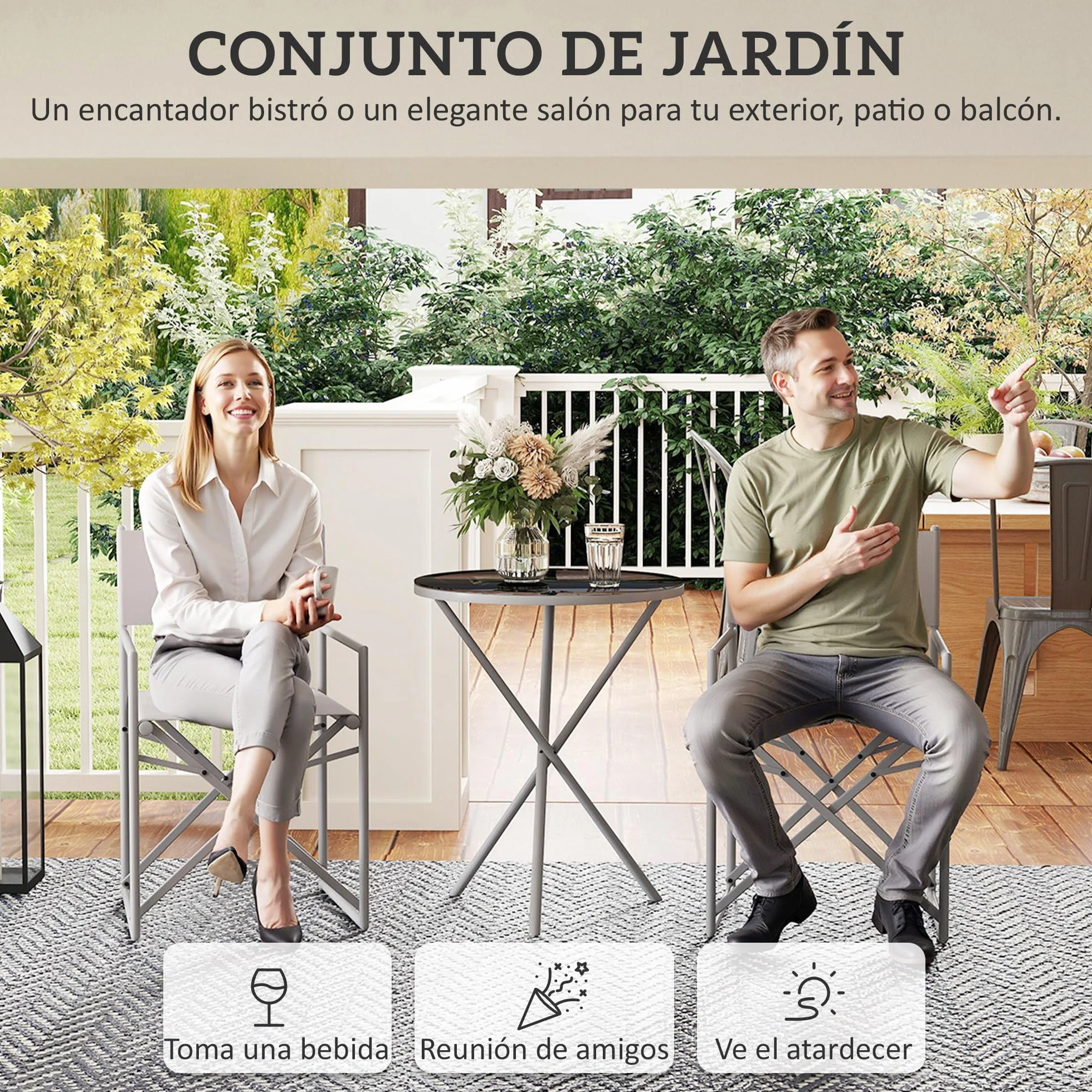 Outsunny Conjunto de Muebles de Jardín de 3 Piezas con Sillas Plegables y Mesa de Vidrio Templado Gris Oscuro