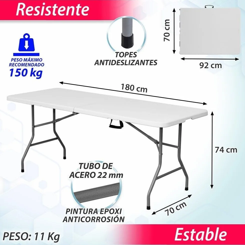 LOLAhome Conjunto Mesa 180 cm y 6 Sillas Plegable, de Acero Anticorrosión y HDPE | Resistente, fácil Transporte, fácil Montaje | Ideal Acampadas, Picnic, Catering, Jardín, Terraza
