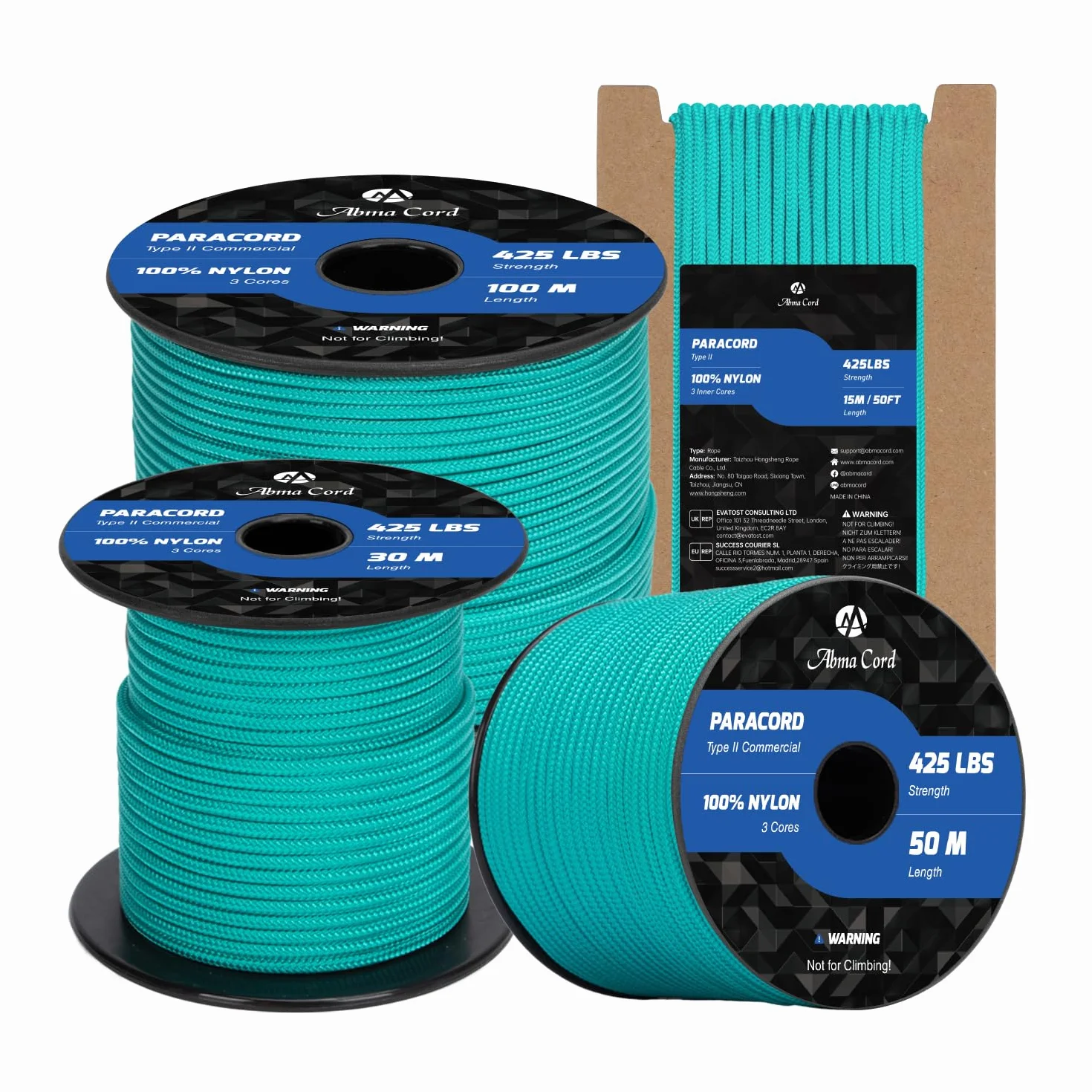 Abma Cord Paracord 3mm 30m 100% Nylon Resistente Tipo II 3 Hebras Cuerda de Paracaídas Turquesa