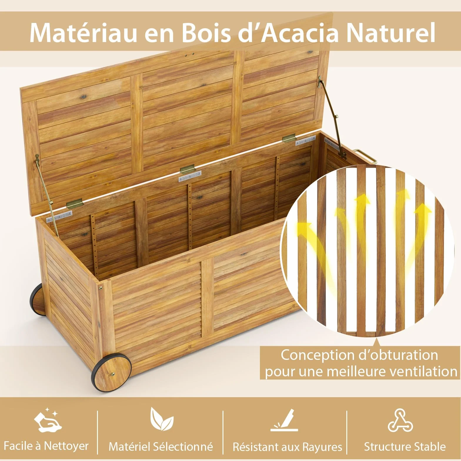 GOPLUS Caja de almacenamiento exterior 182L rodante madera de acacia con ruedas asa lateral impermeable