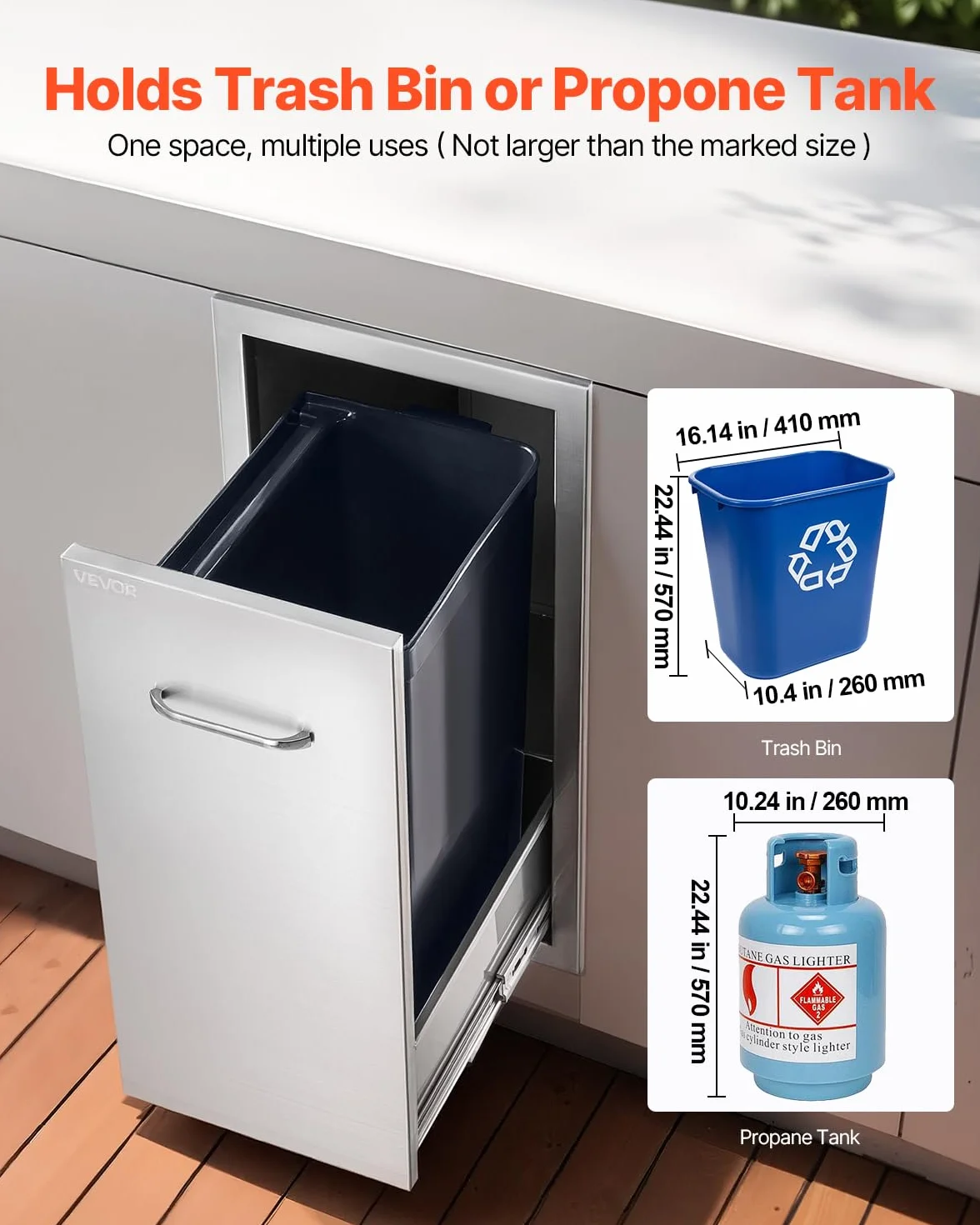 VEVOR Cajón de Basura para Cocina Exterior, Acero Inoxidable, 344 x 498 x 655 mm, Carga Máxima 25 kg